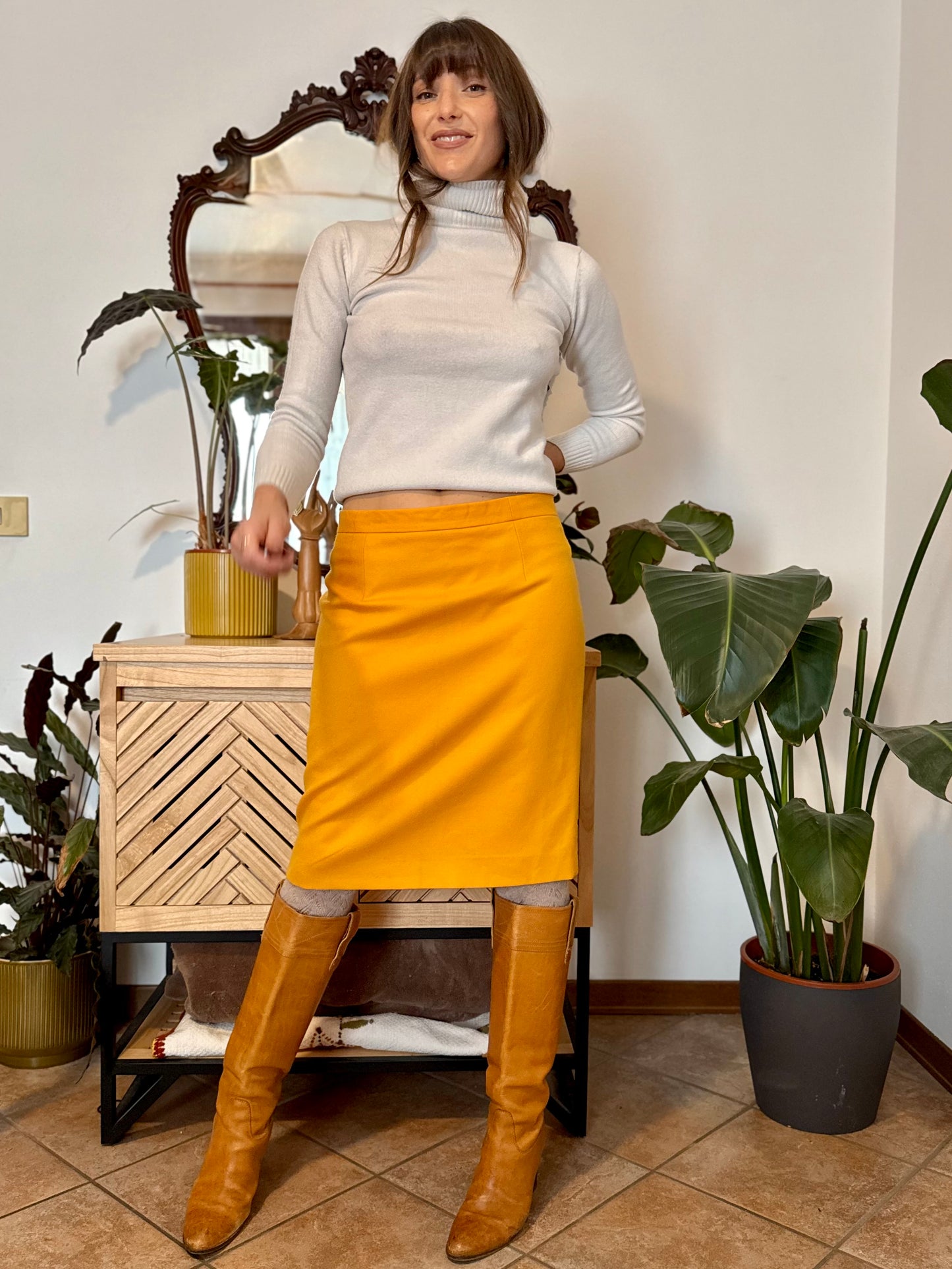 1970's vintage mustard yellow wool midi skirt
