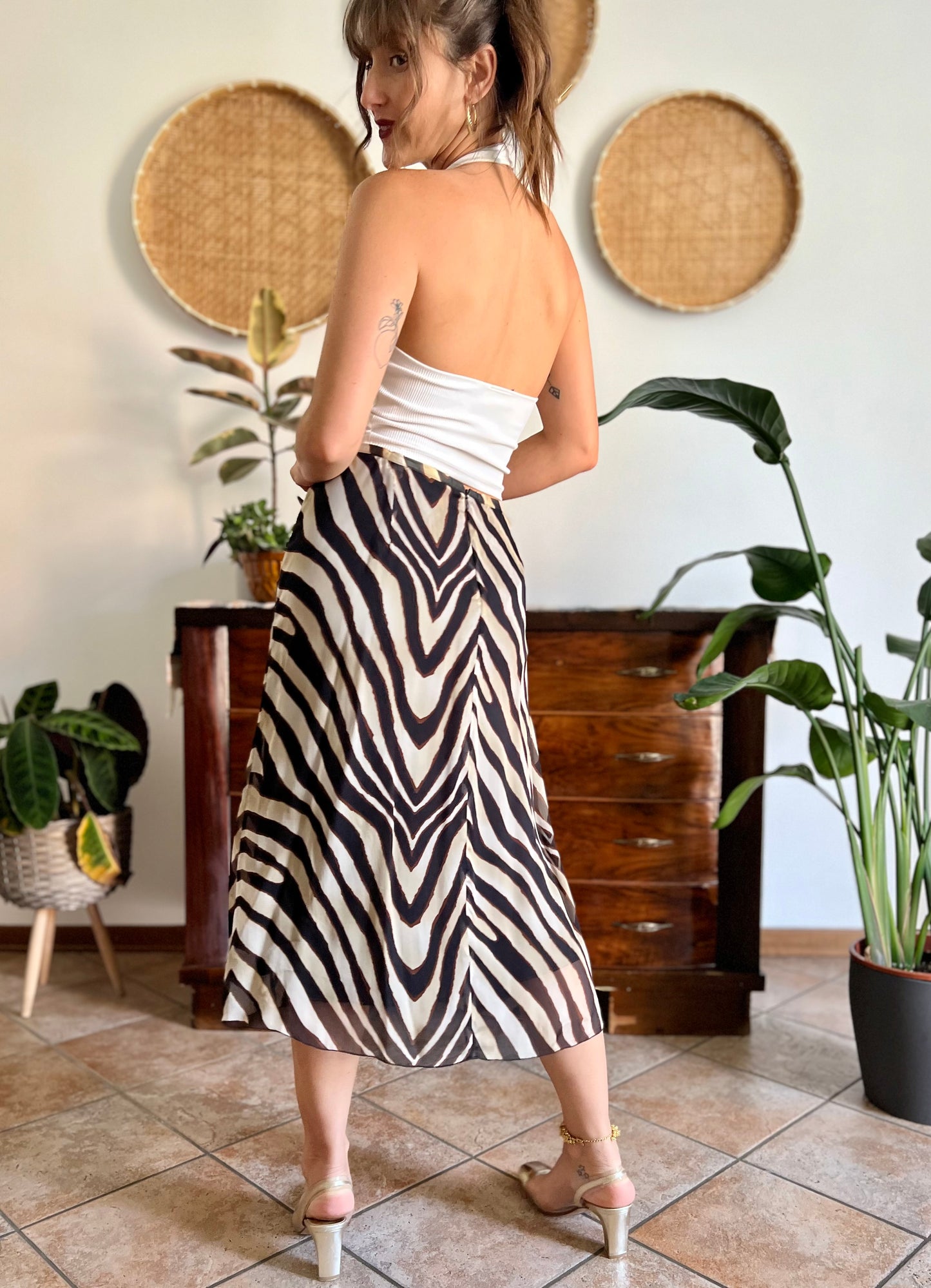 1990's vintage zebra print low waisted silk midi skirt