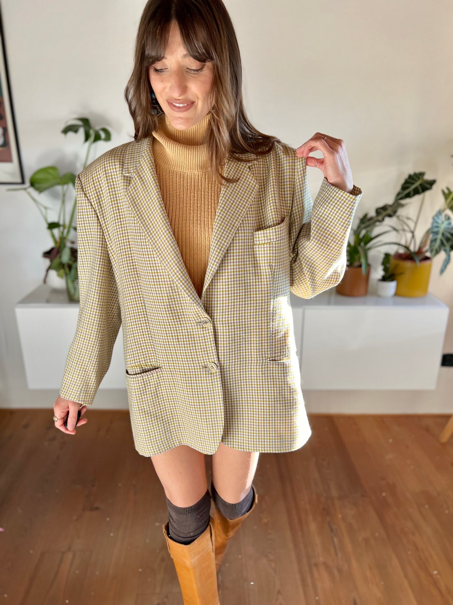 1970's vintage mint and pink oversize plaid wool blazer