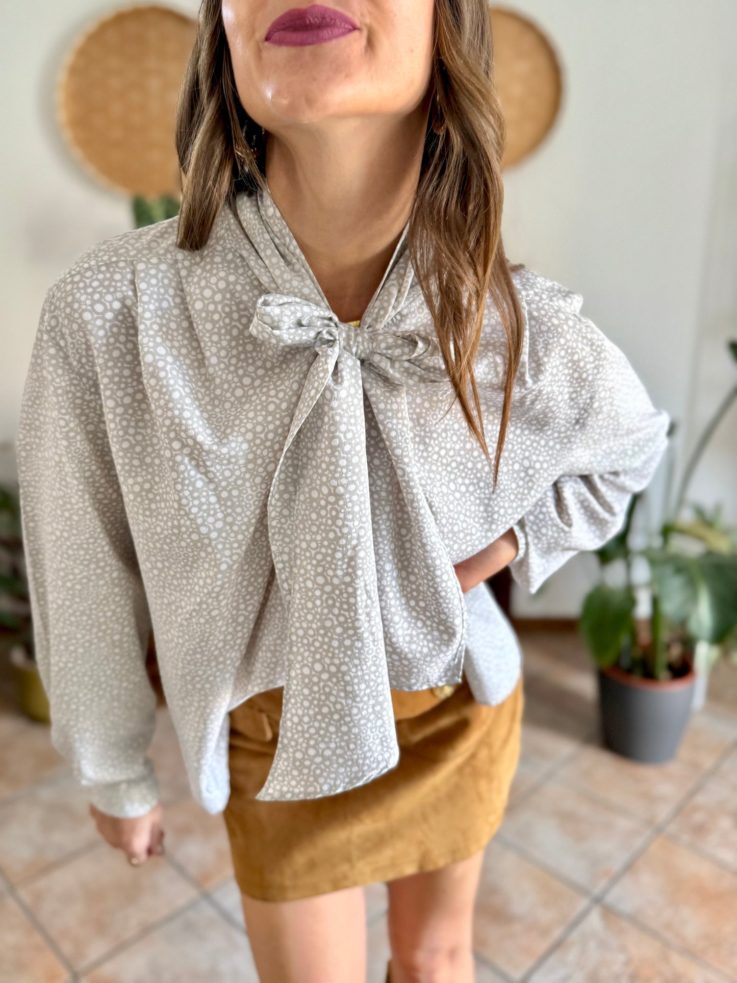 1970's vintage grey and white polkadot bow tie blouse