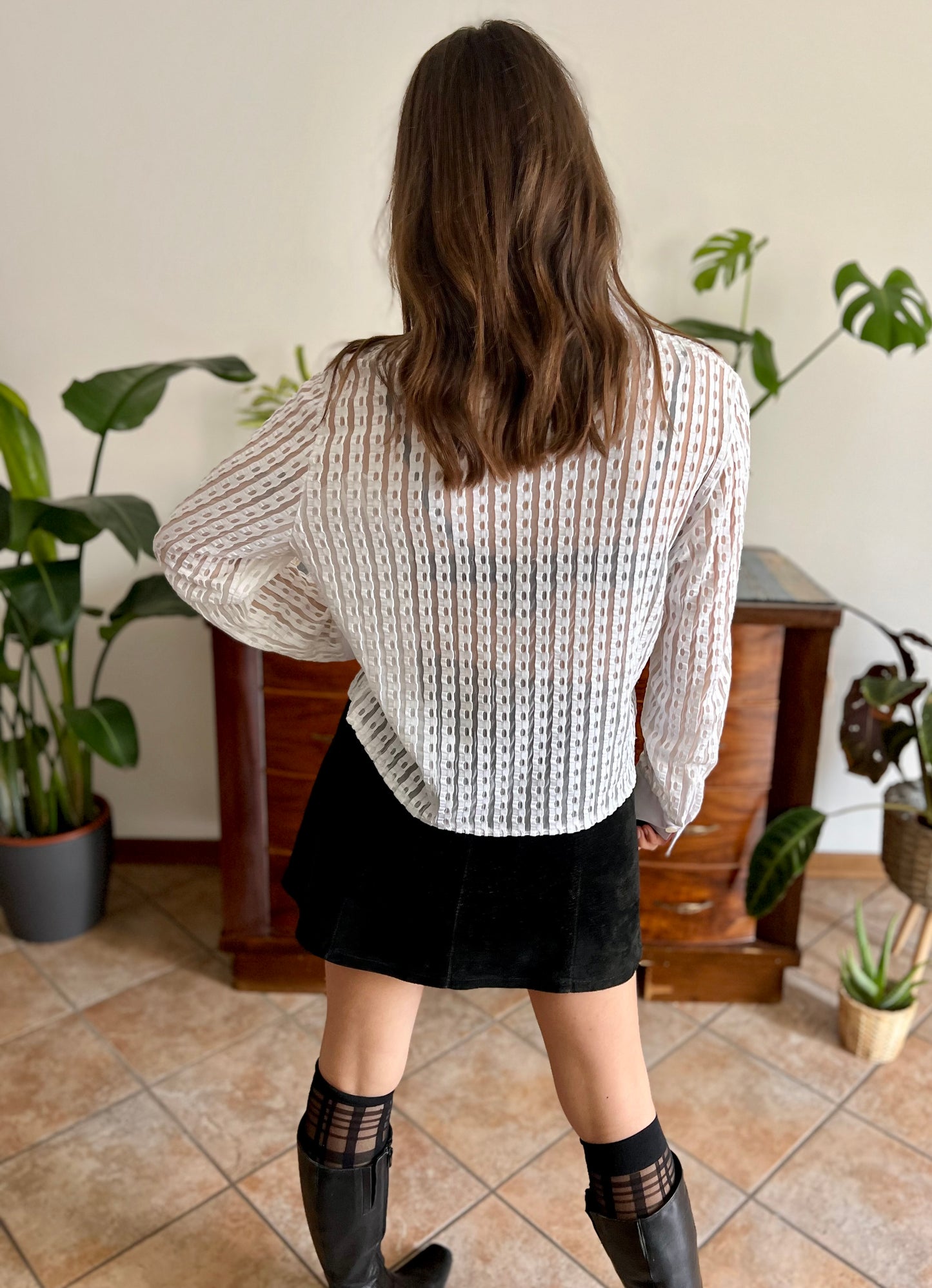1970's vintage white and cream sheer textured blouse