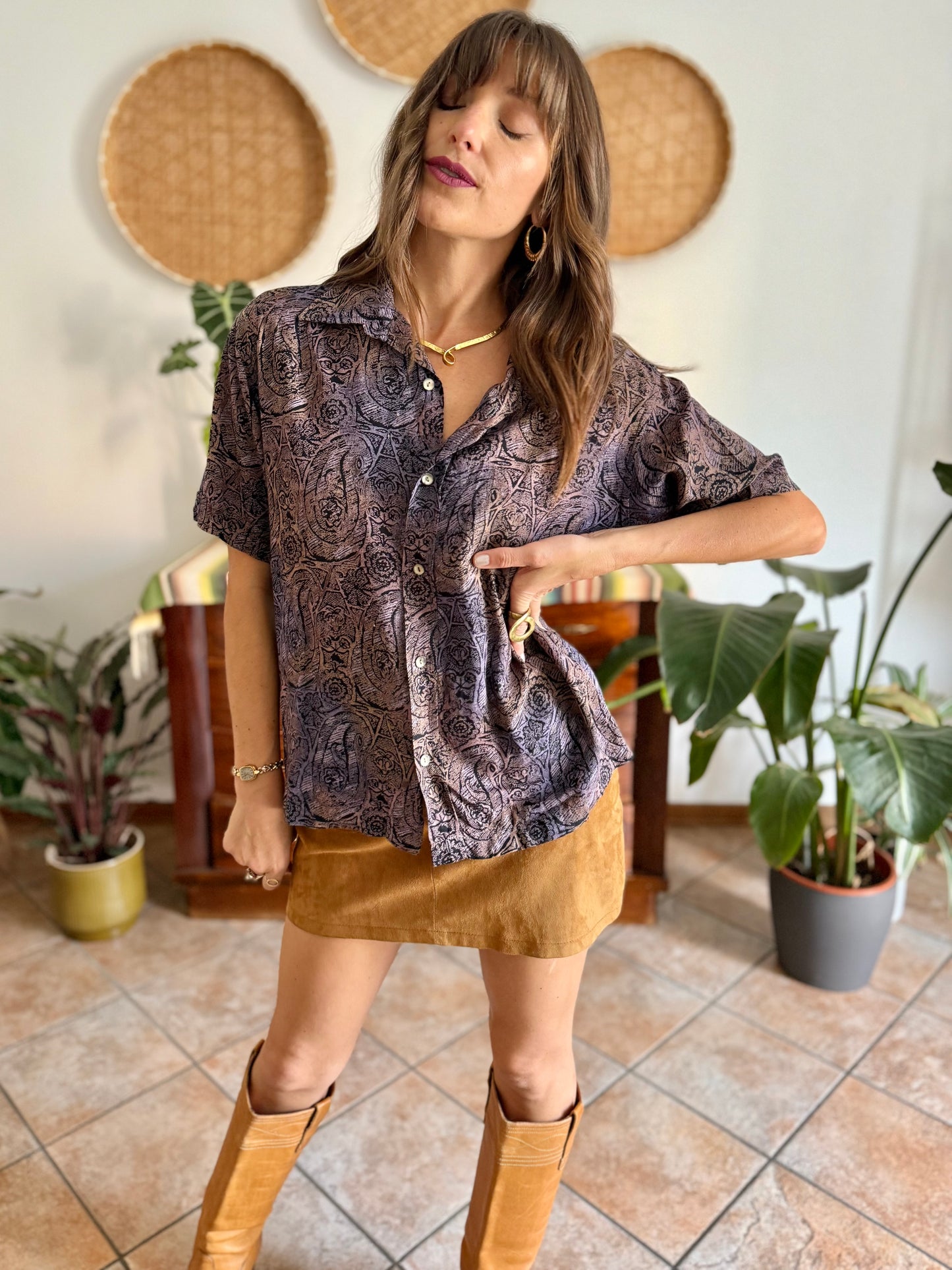 1970's vintage purple, tan and black abstract paisley print