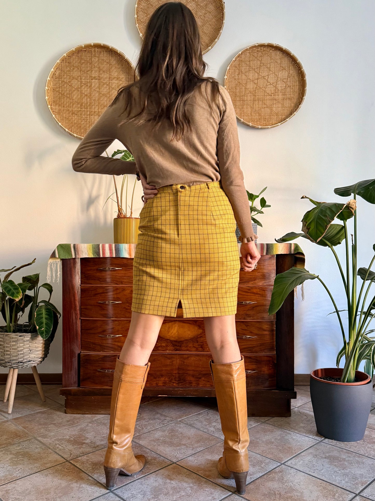 1970’s vintage mustard yellow and grey herringbone mini skirt