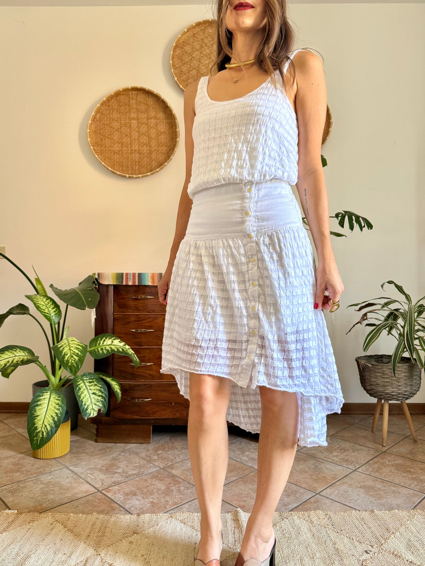 Y2K vintage white textured stripe drop waist asymmetrical hem dress