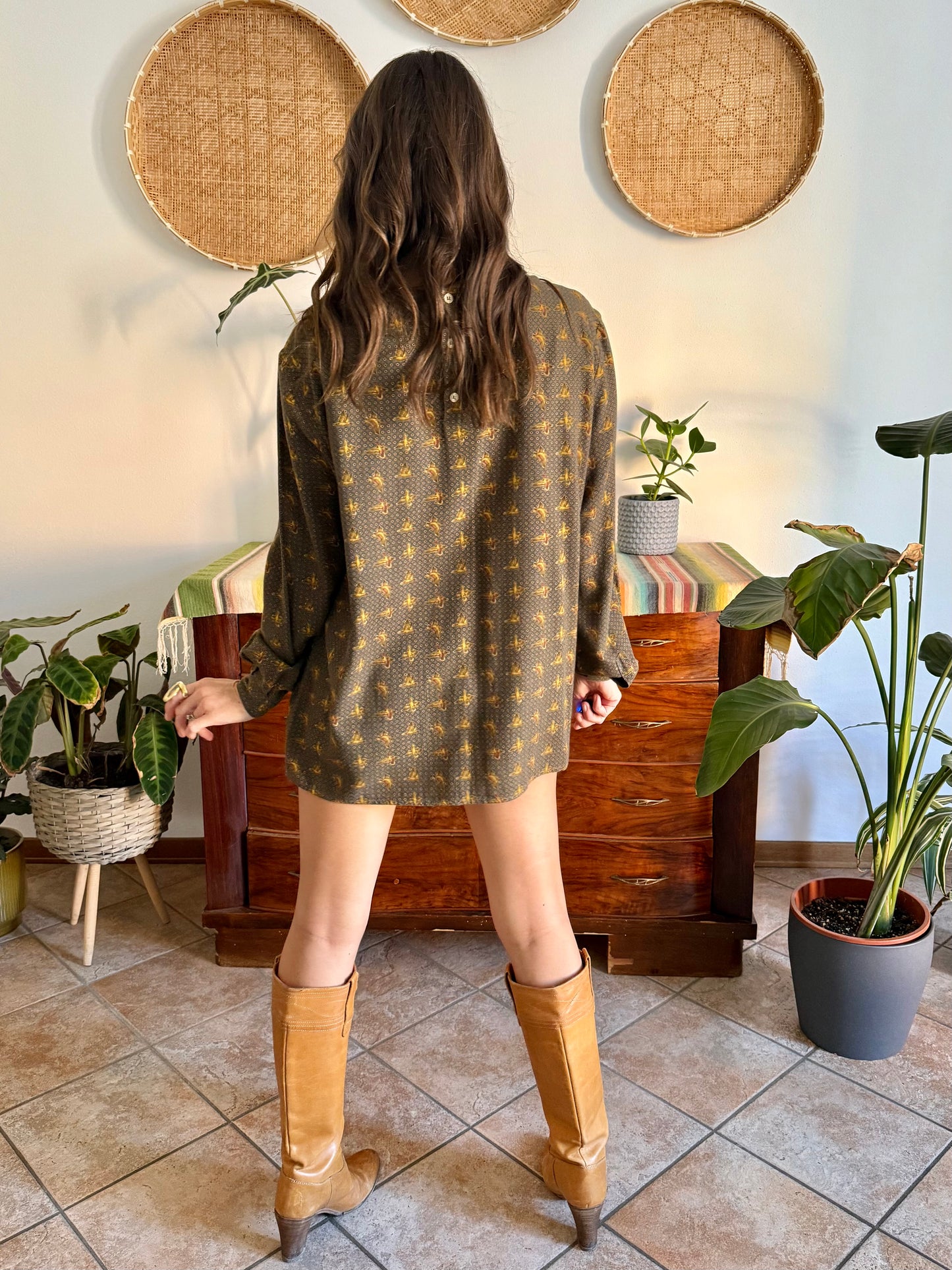 1970’s vintage Emporio Armani dark green, navy and burgundy duck print shirt dress