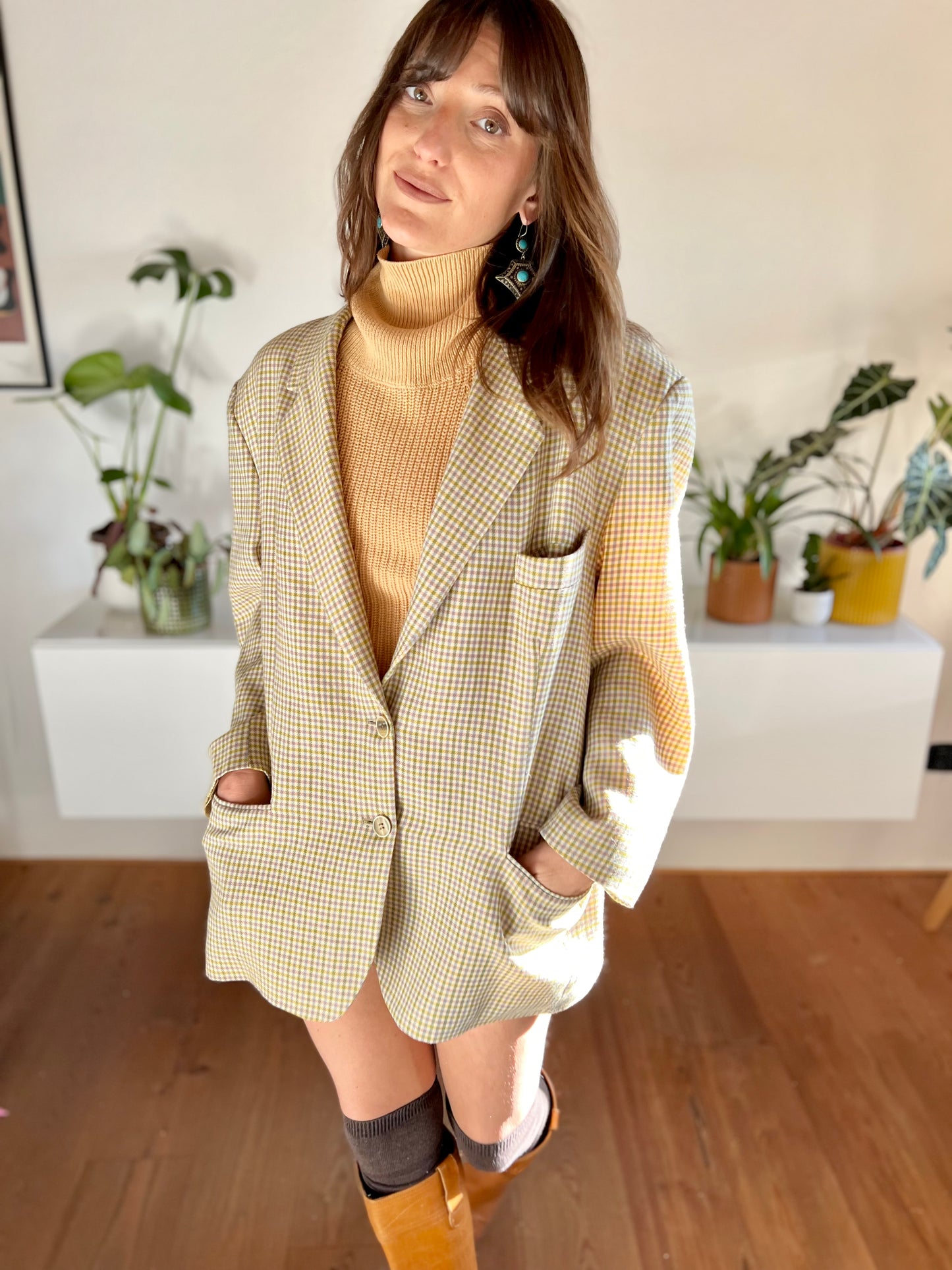 1970's vintage mint and pink oversize plaid wool blazer