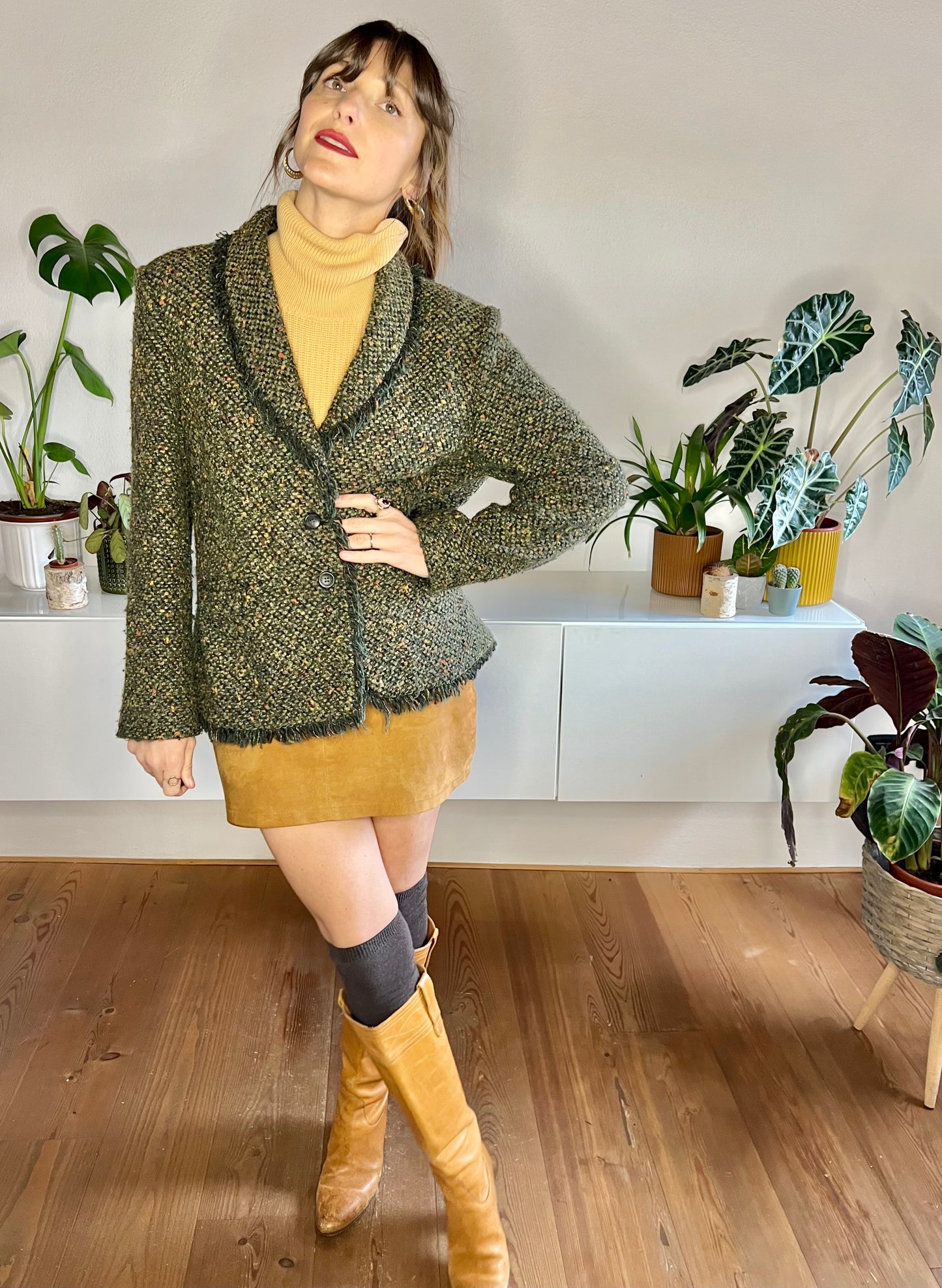 1970's vintage green wool blend green boucle blazer with fringe detail