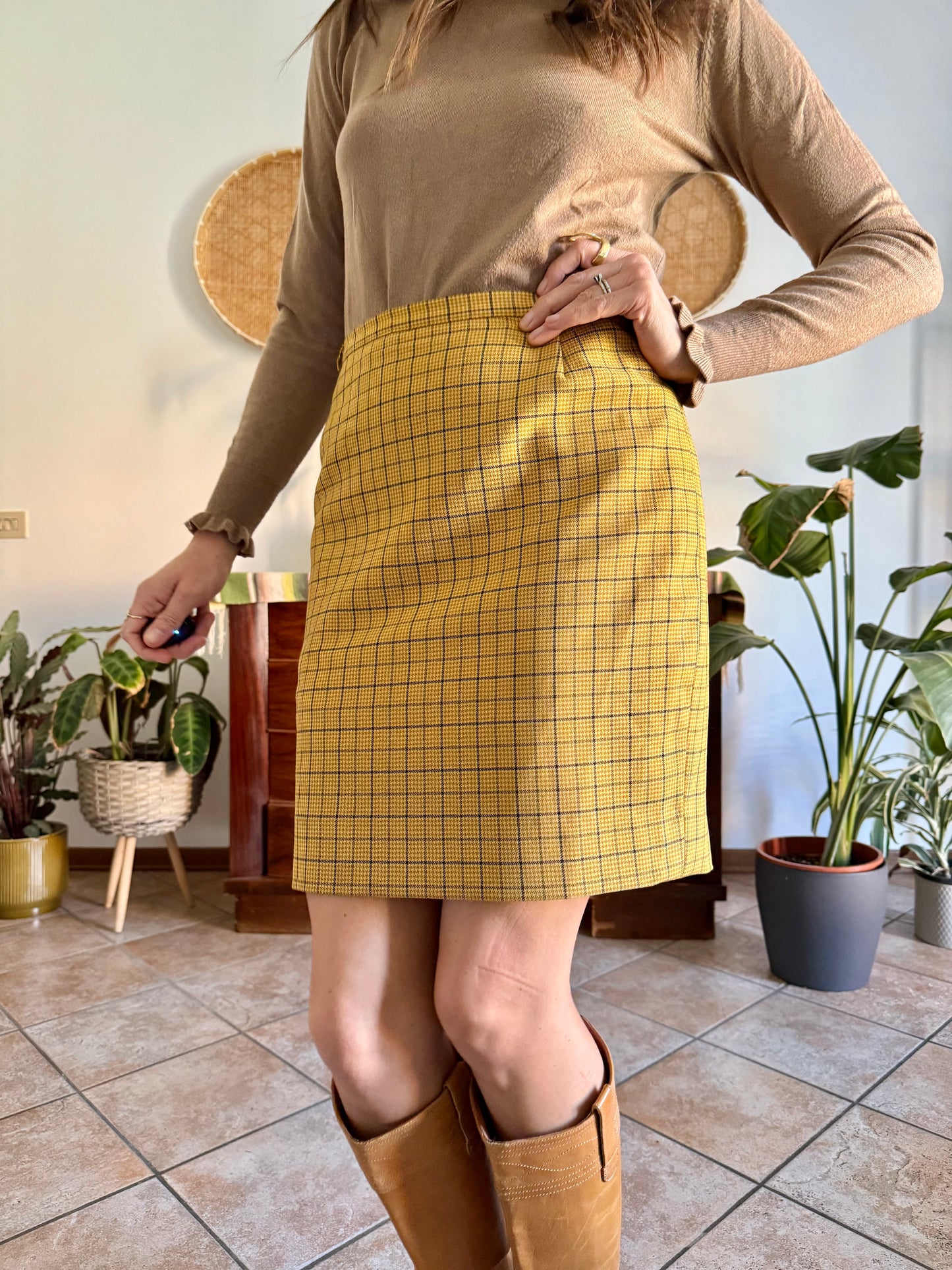 1970’s vintage mustard yellow and grey herringbone mini skirt