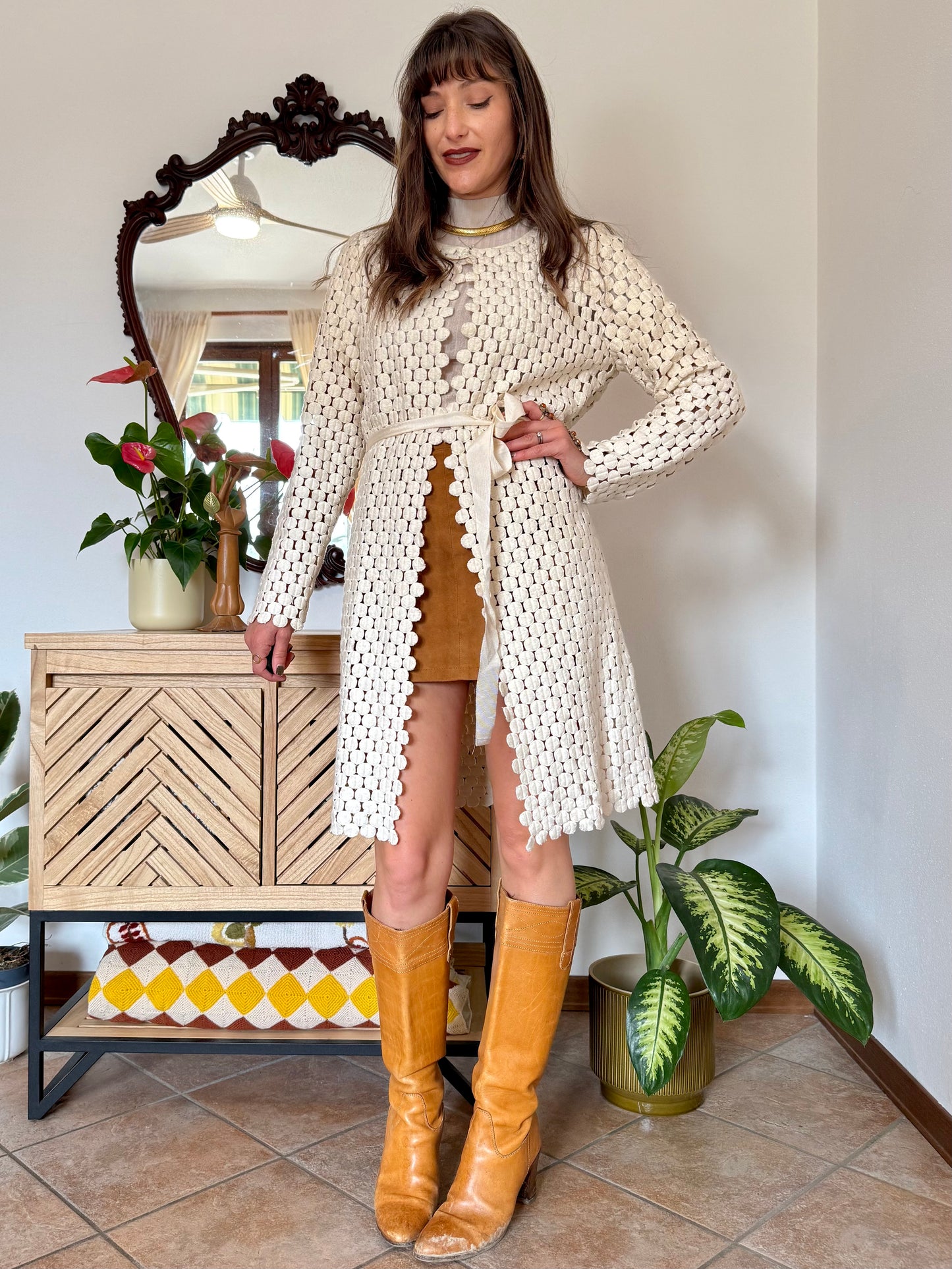 1970’s vintage cream crochet polka dot coat