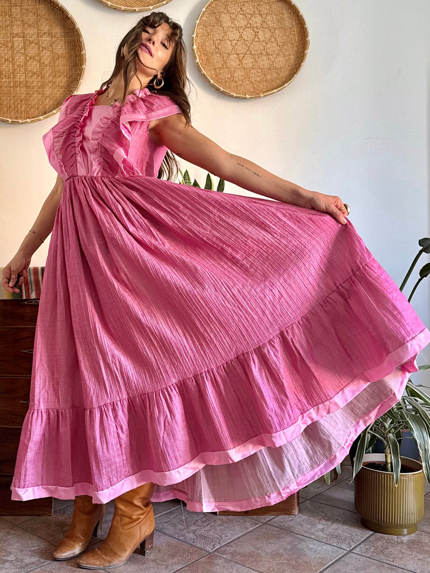 1970’s vintage metallic textured pink maxi prairie dress with satin ruffle details