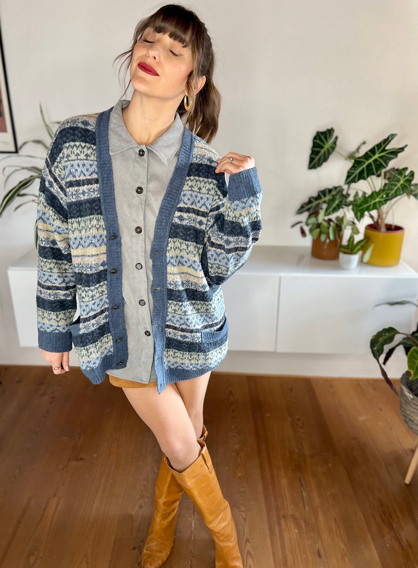 1970's vintage oversize blue and cream stripe cardigan