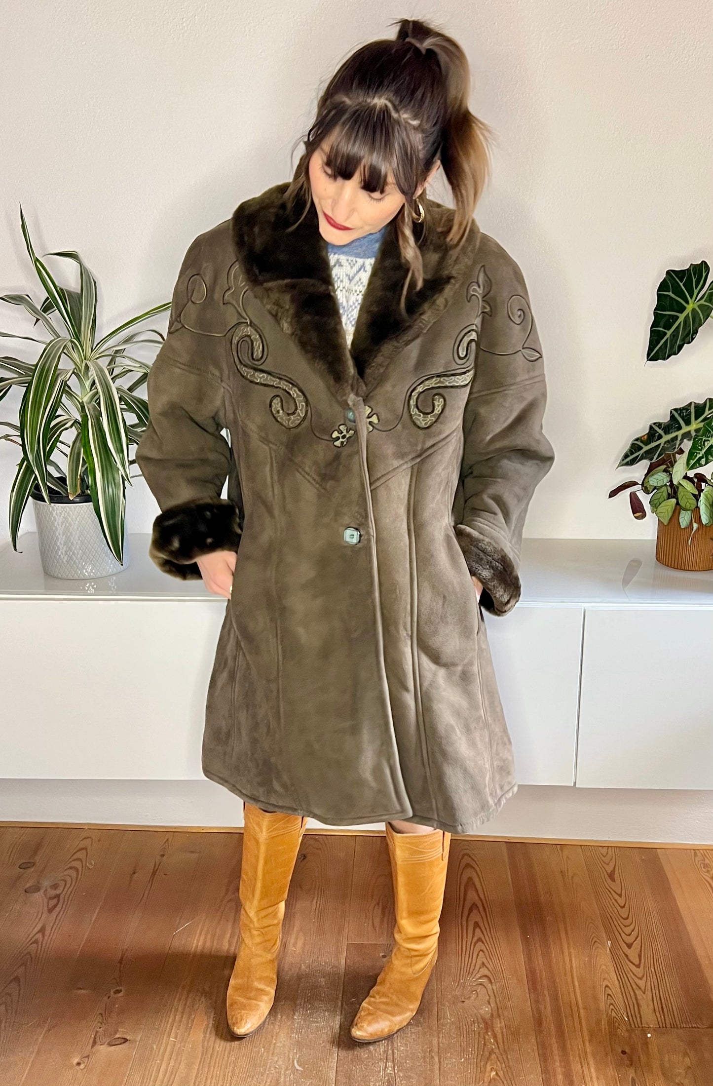 1970's vintage brown embroidered shearling coat