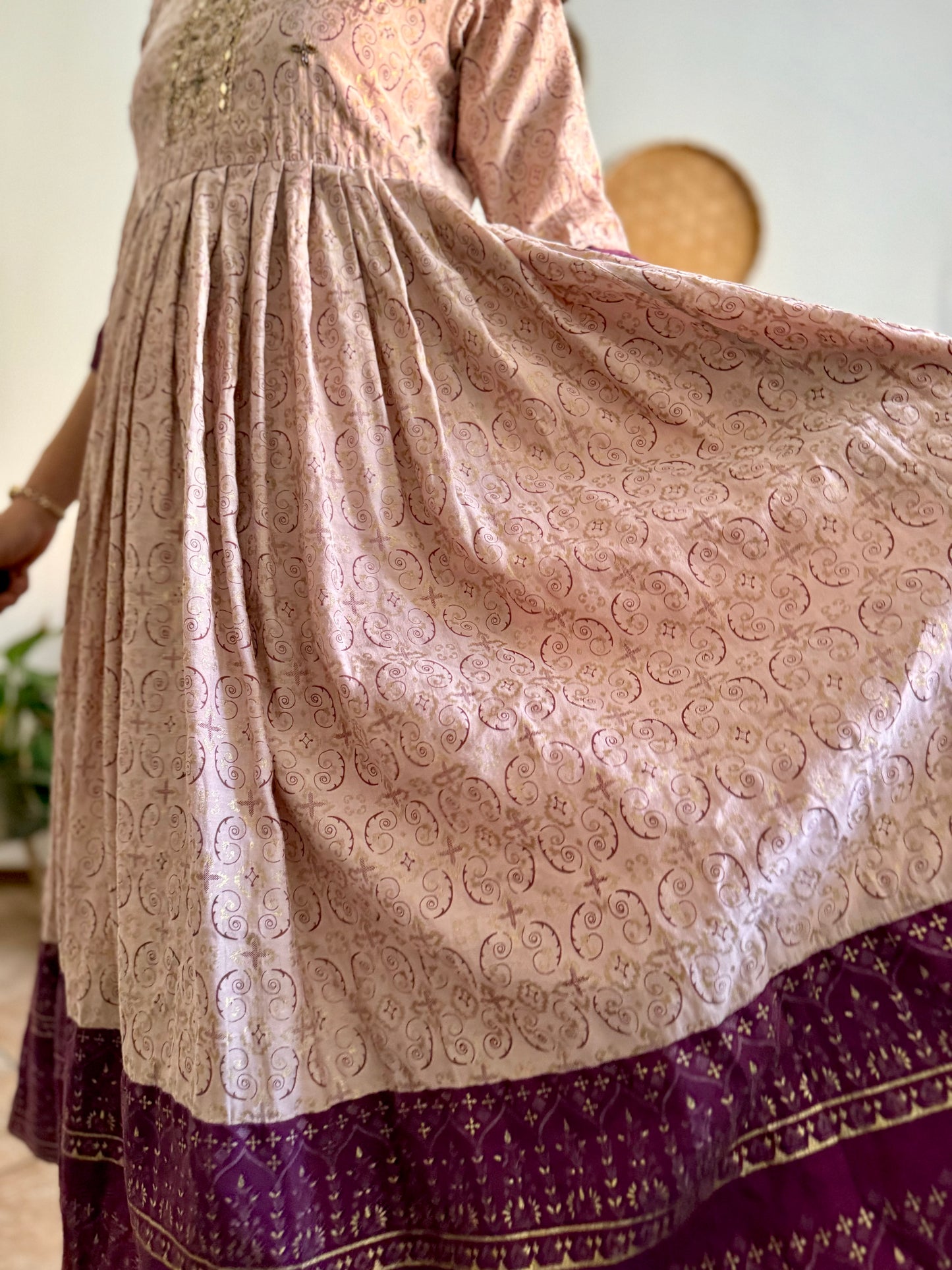 1970's vintage lilac midi dress with gold and purple geometric pattern and glass bead detailing