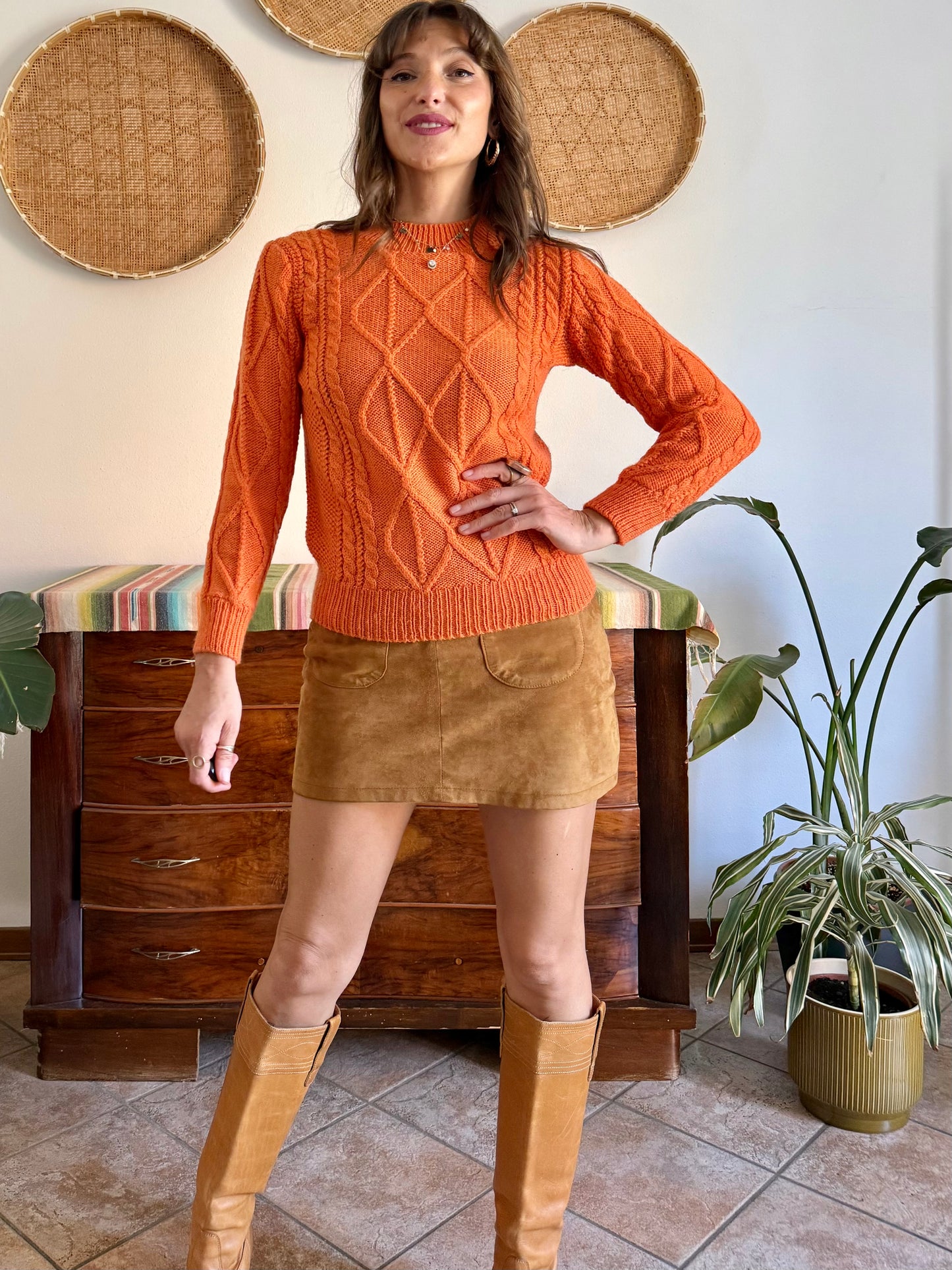 1970's vintage orange wool mock neck cable knit pullover