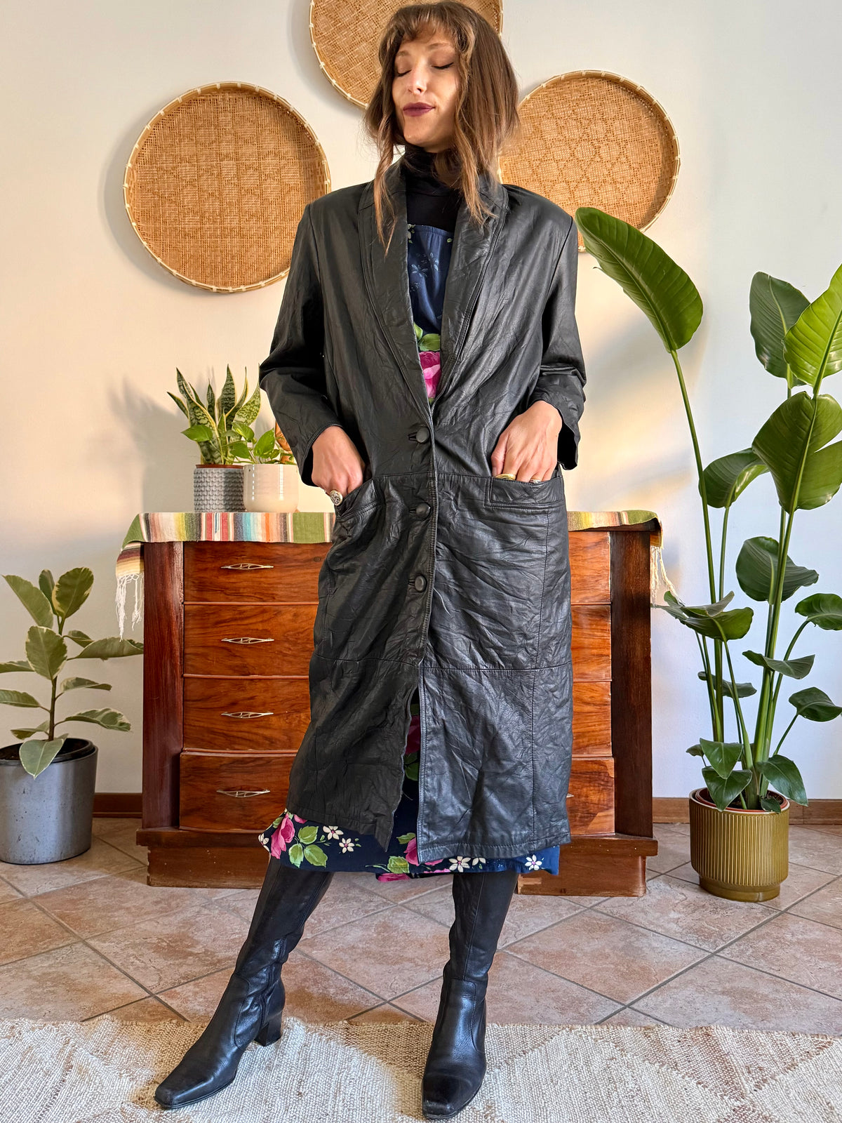1990’s vintage butter soft black leather trench coat with lapel detail