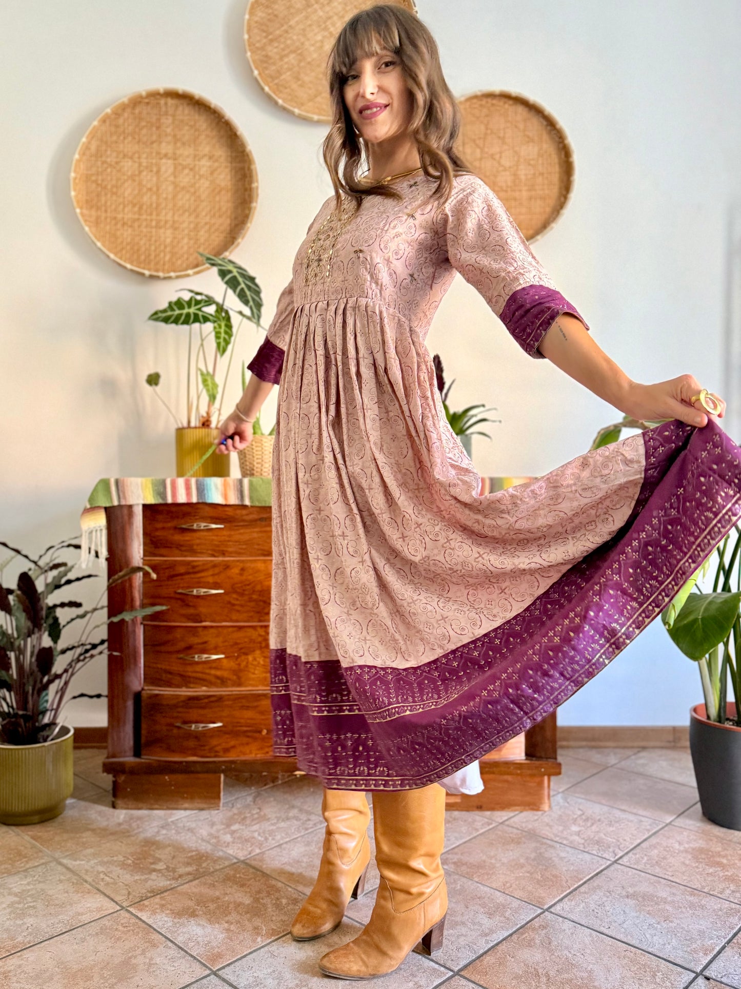1970's vintage lilac midi dress with gold and purple geometric pattern and glass bead detailing