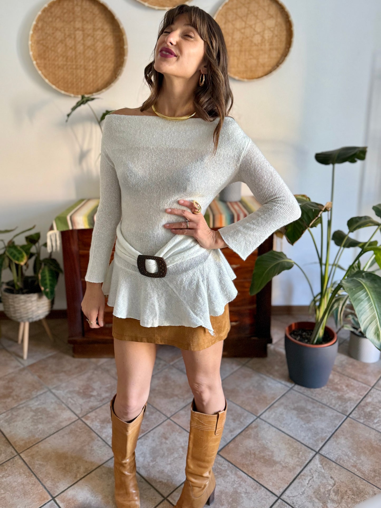 Y2K vintage asymmetrical cream mohair blend knit pullover with belt detail