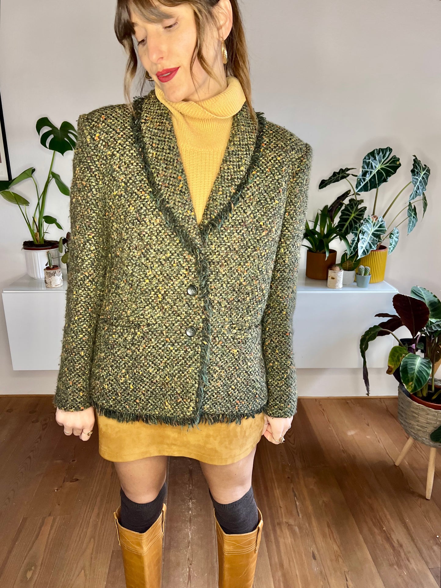 1970's vintage green wool blend green boucle blazer with fringe detail