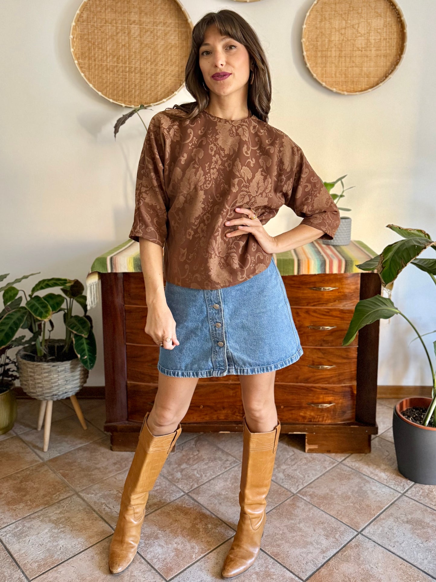 1970's vintage brown woven floral tapestry blouse