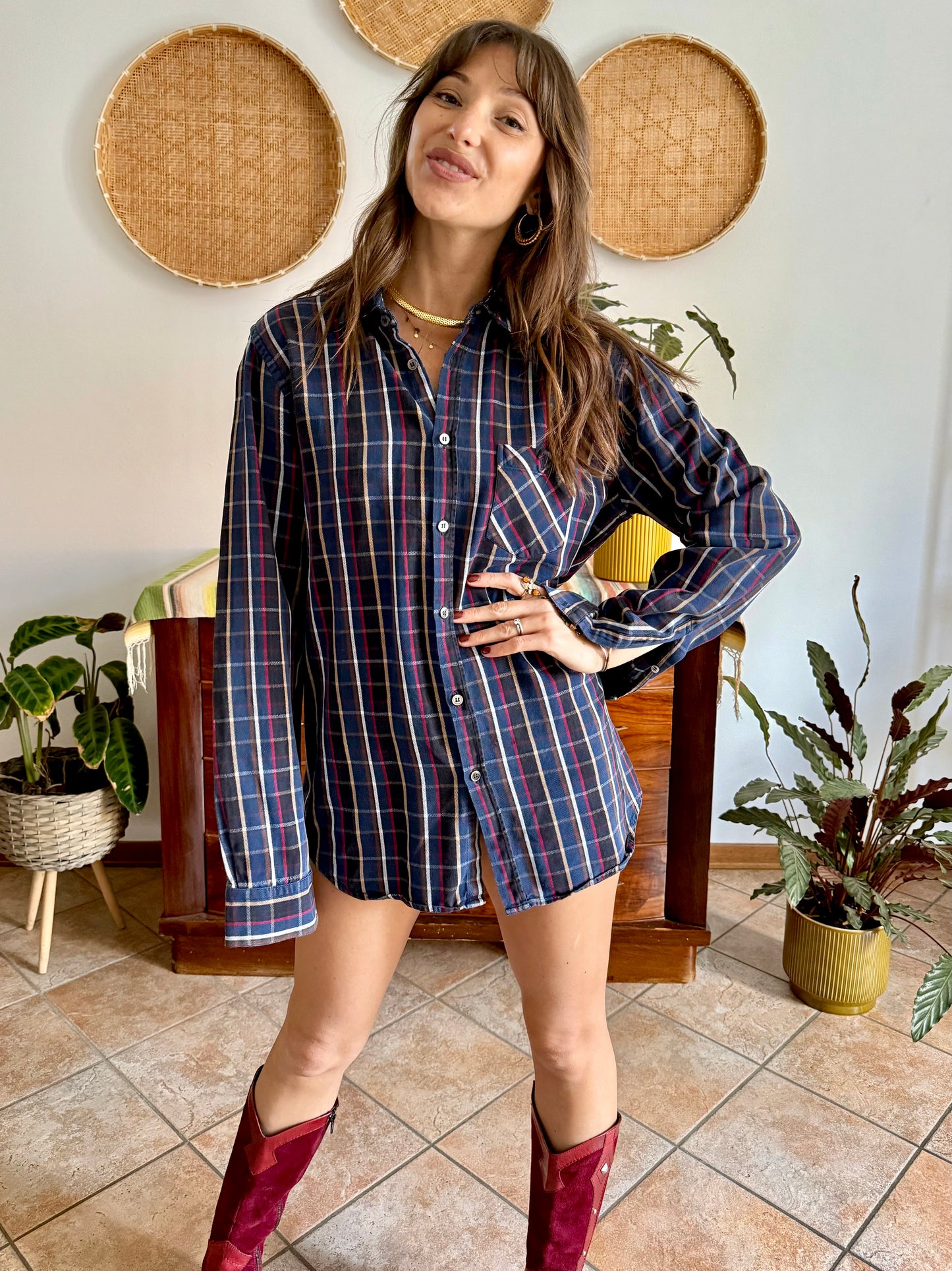 1970's vintage navy blue and chocolate brown plaid shirt