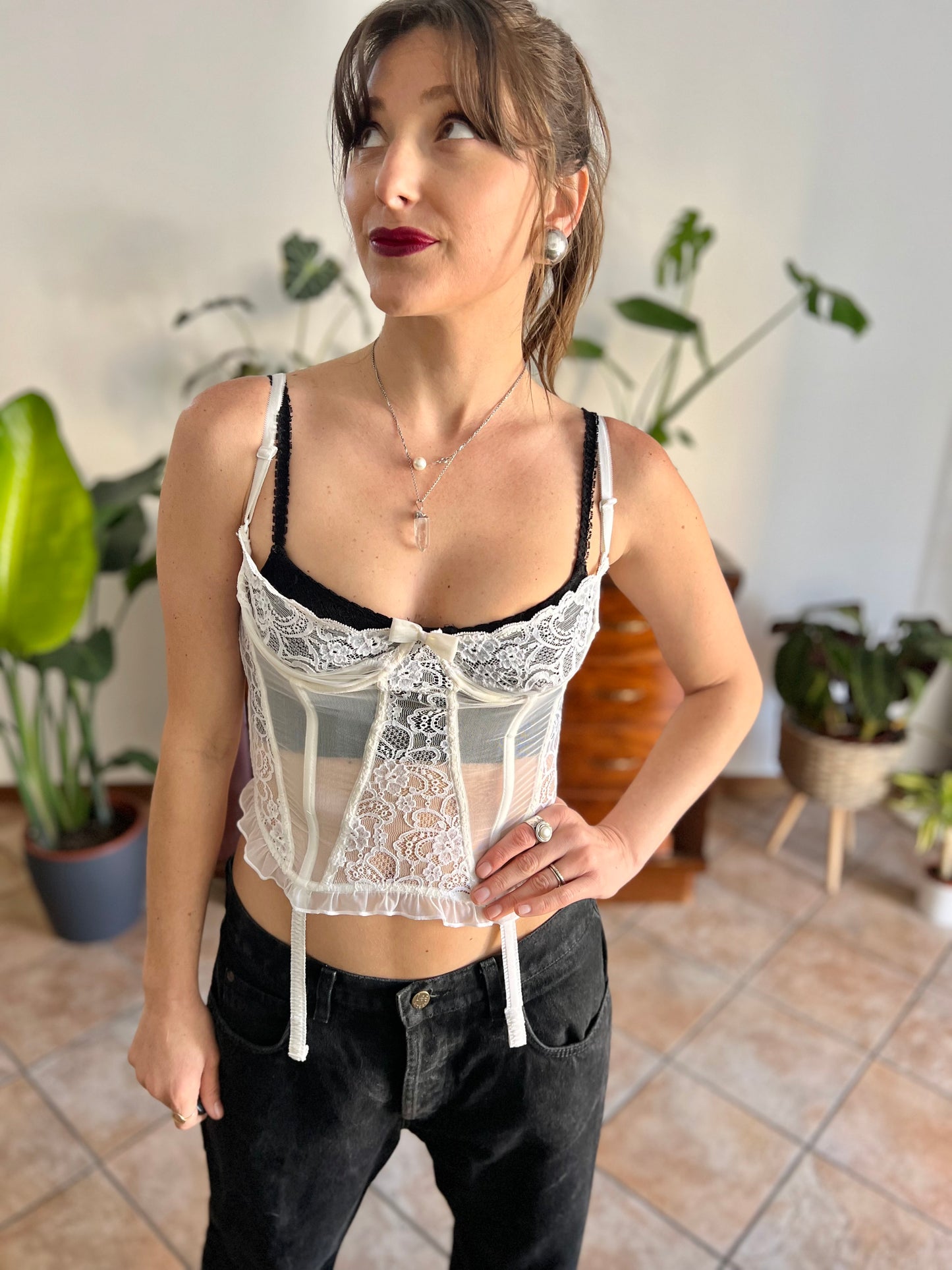 1970's vintage coquette cream sheer lace bustier with ruffle and lace details