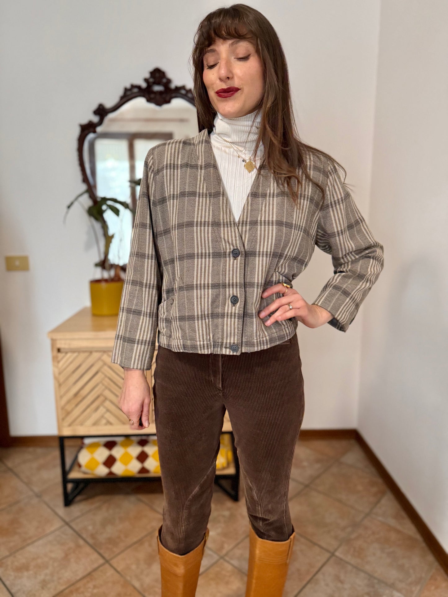 1970's vintage brown and cream plaid cropped blazer