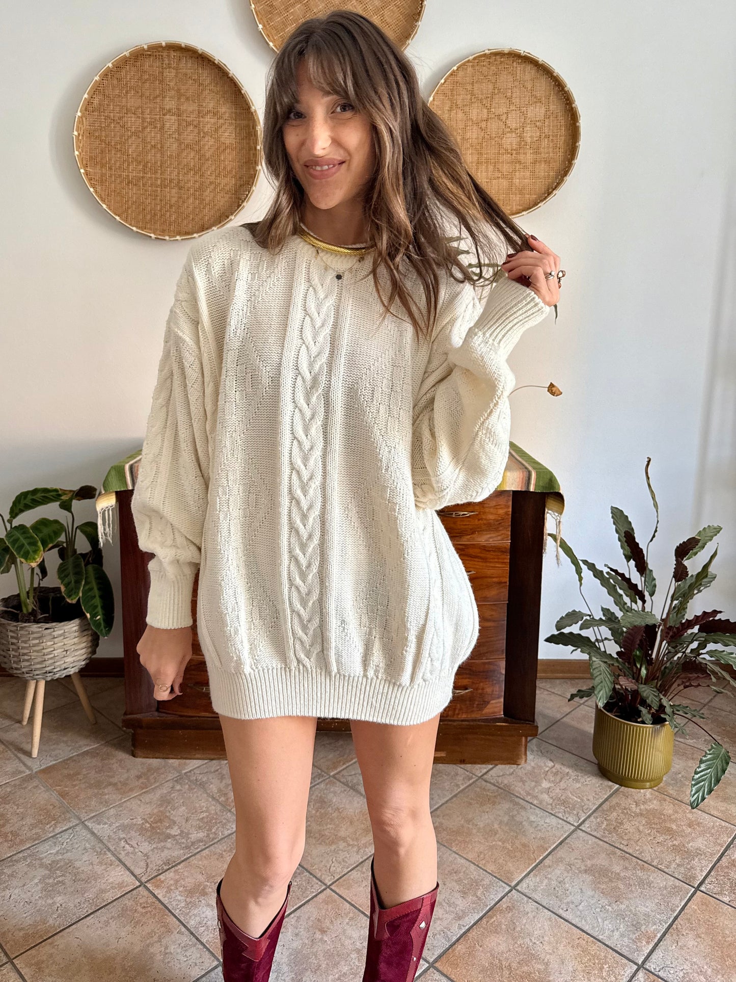 1970's vintage oversize cream wool blend cable knit Fisherman's pullover