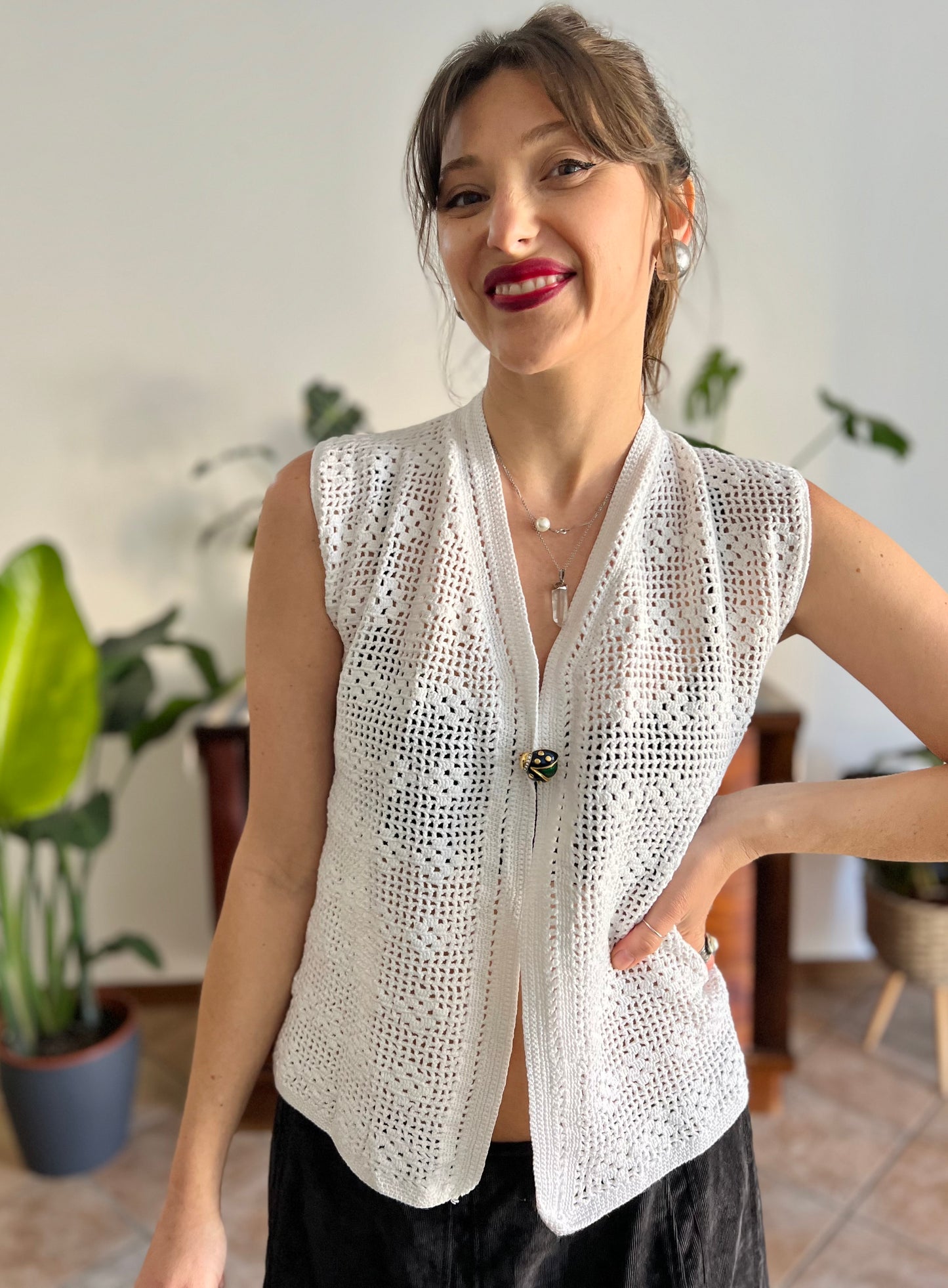 1970's vintage hand crocheted white vest with blue and green lady bug pin closure