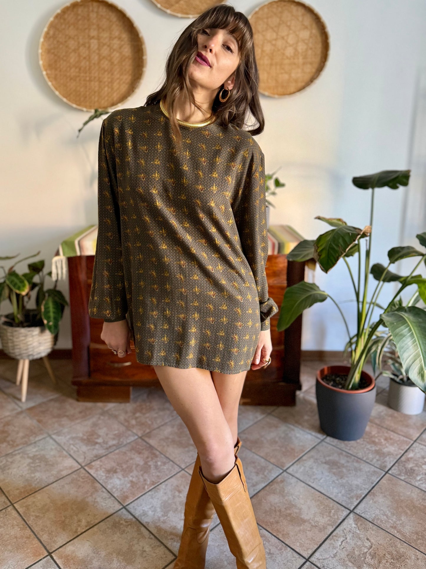 1970’s vintage Emporio Armani dark green, navy and burgundy duck print shirt dress