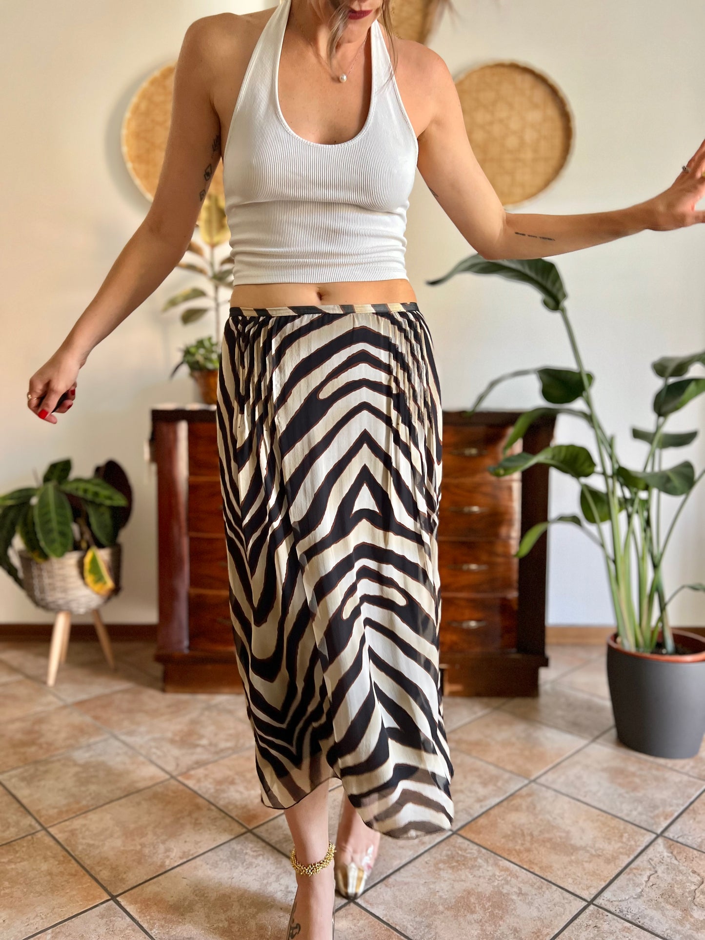 1990's vintage zebra print low waisted silk midi skirt
