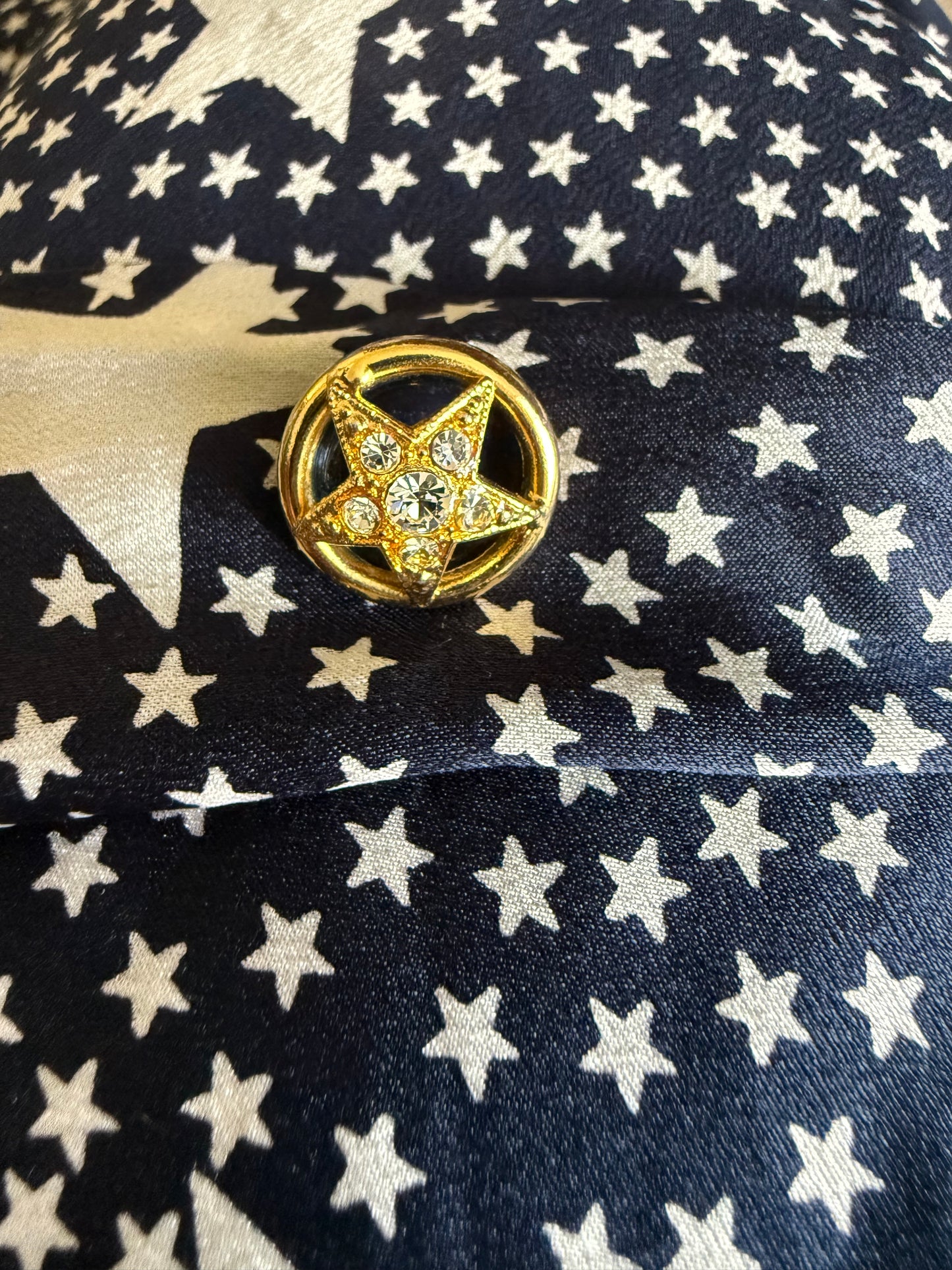 1970’s vintage navy blue silk blouse with star print and rhinestone star buttons
