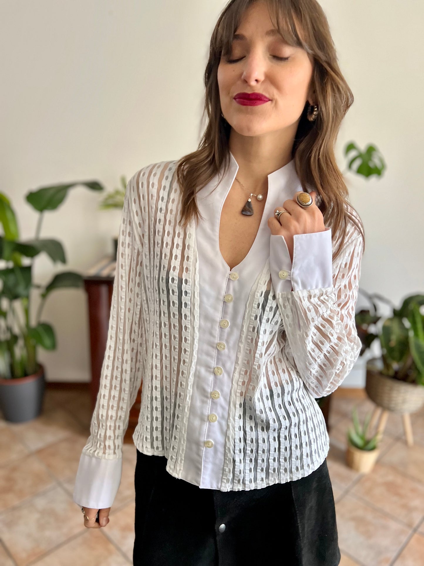 1970's vintage white and cream sheer textured blouse