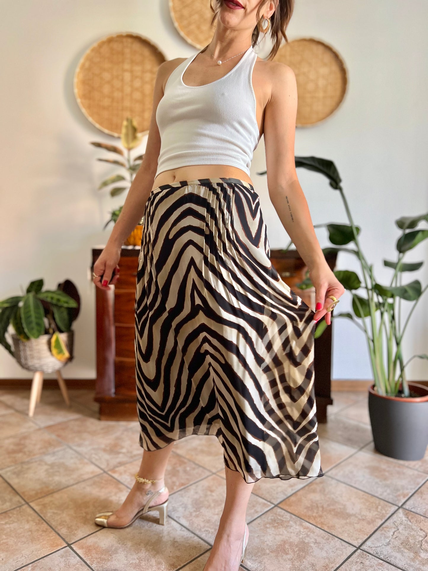 1990's vintage zebra print low waisted silk midi skirt
