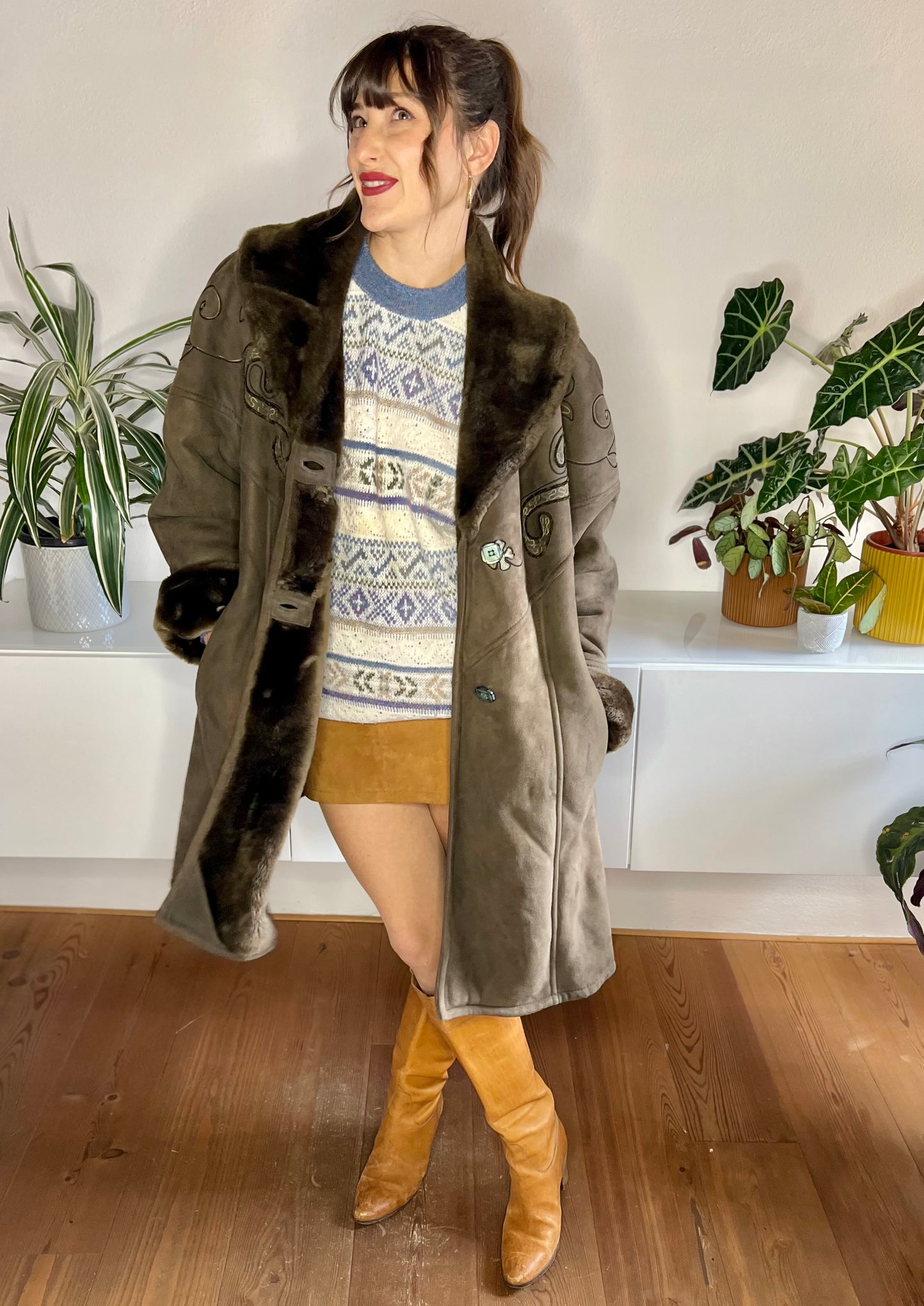 1970's vintage brown embroidered shearling coat