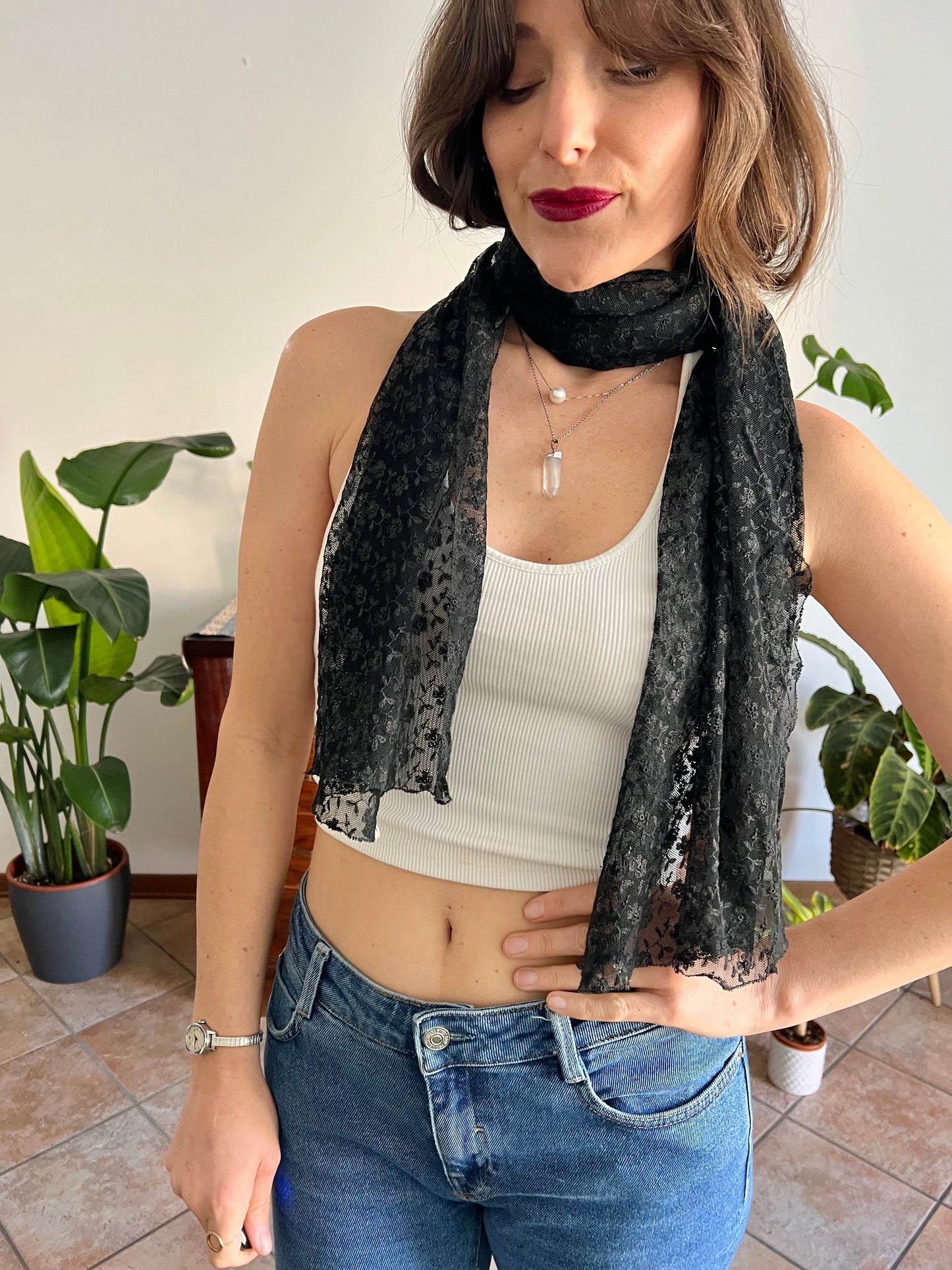 1950's vintage hand made black lace scarf