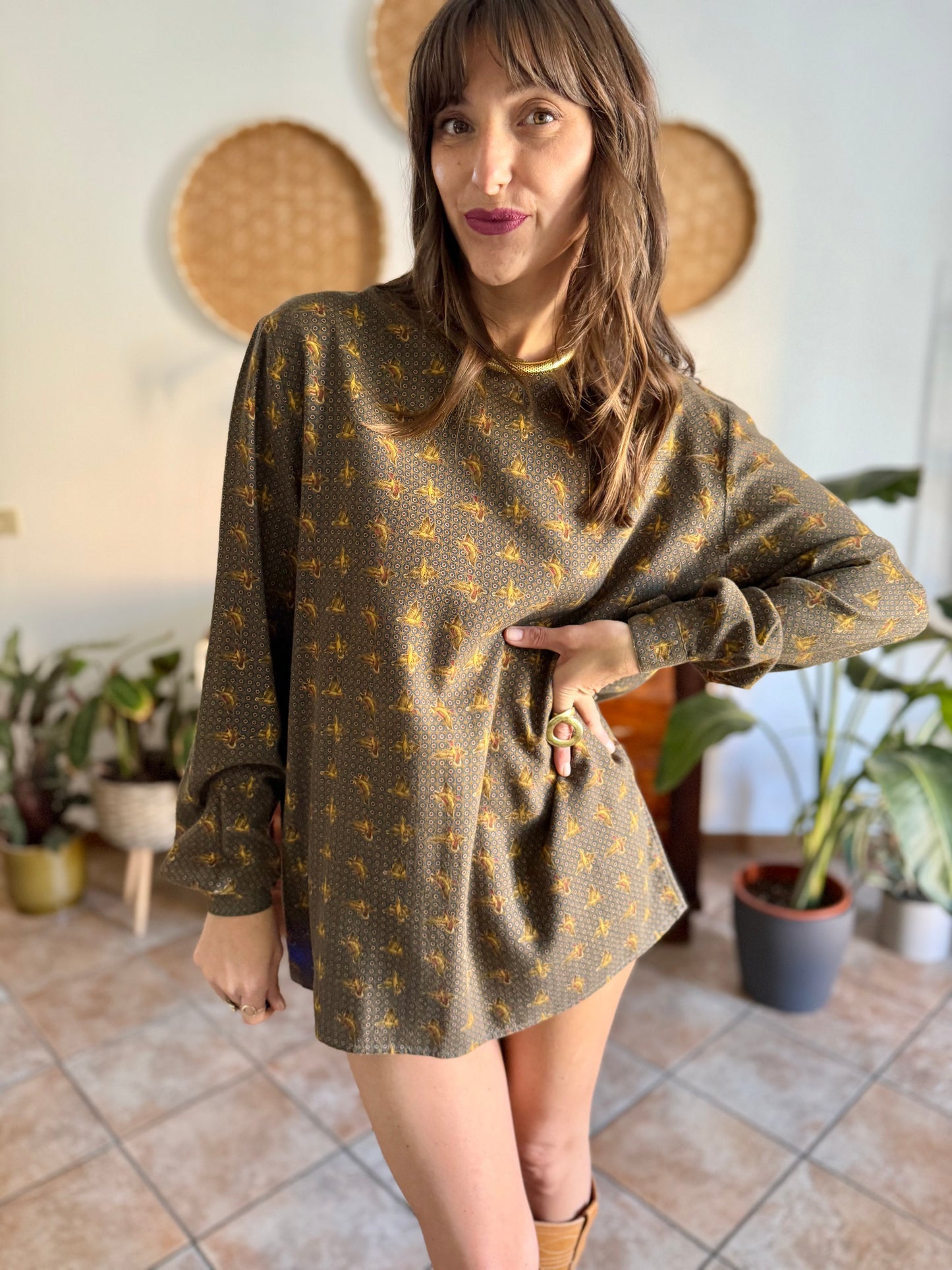 1970’s vintage Emporio Armani dark green, navy and burgundy duck print shirt dress