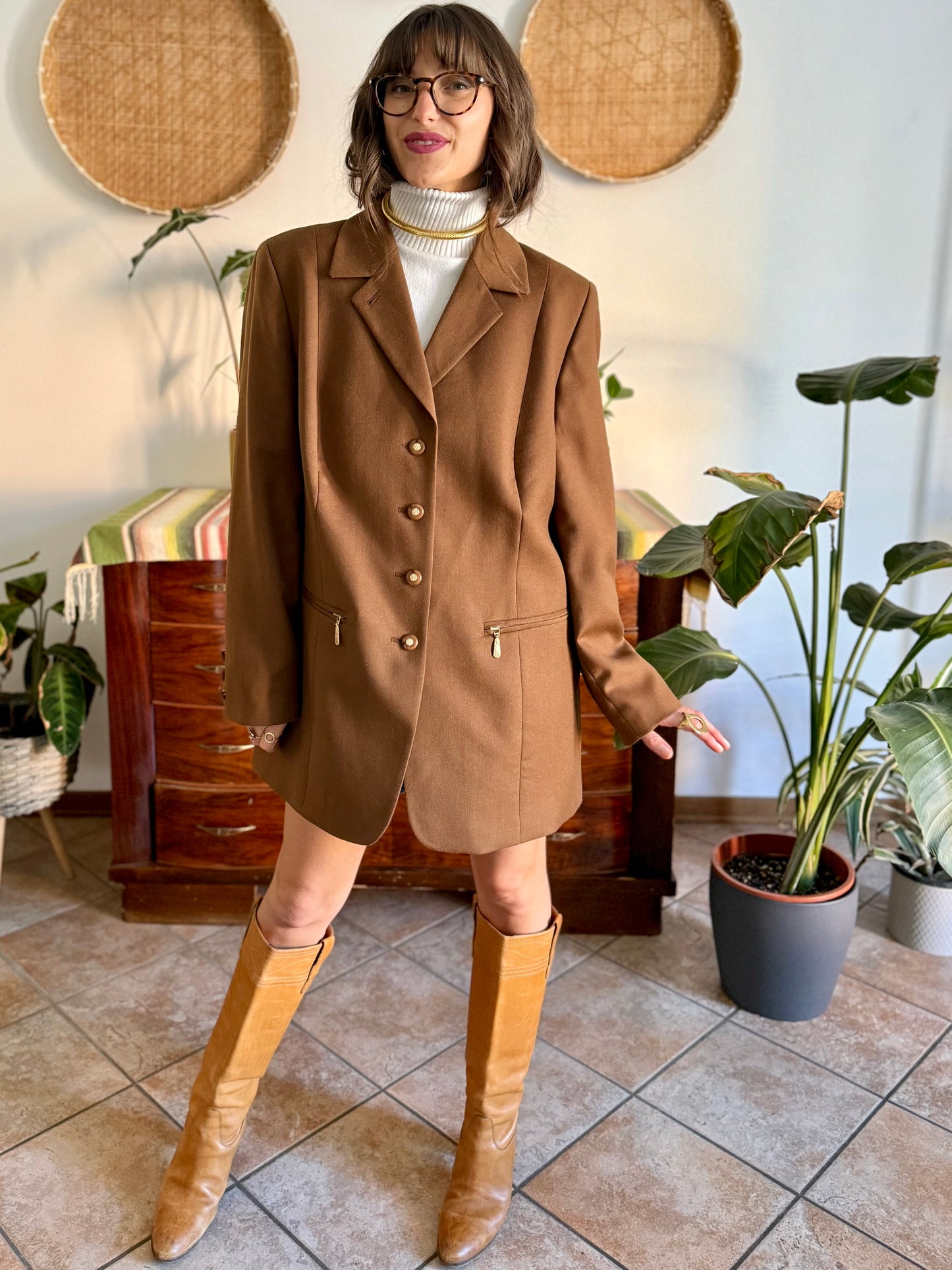 1970's vintage chocolate brown oversize wool jacket with gold metal details