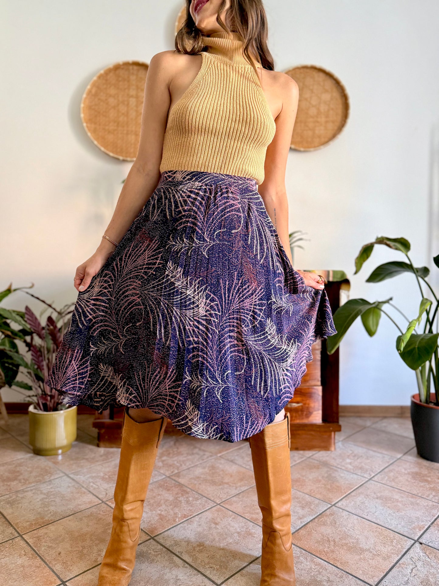 1970's vintage navy blue silk skirt with pink and cream abstract print