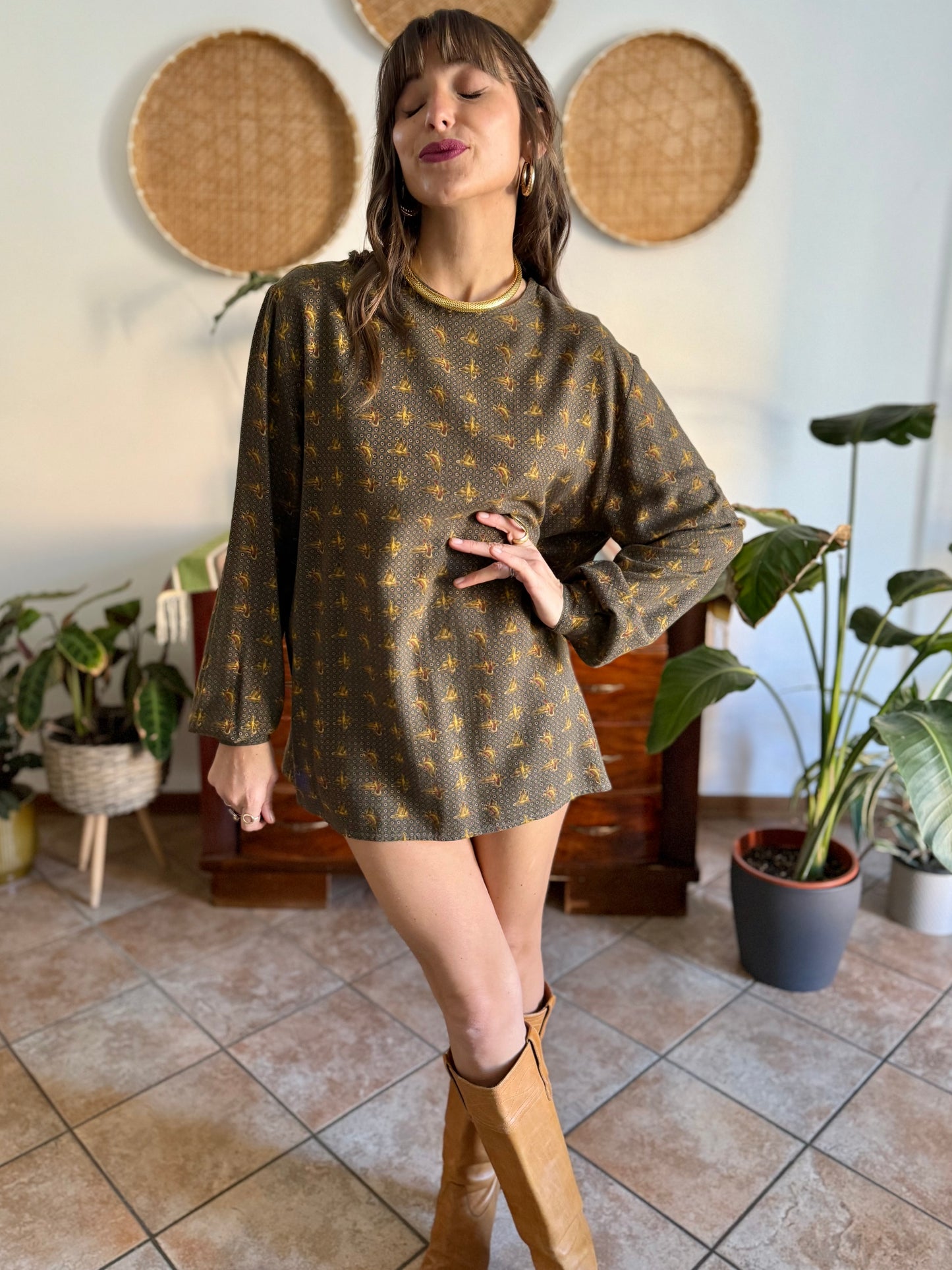 1970’s vintage Emporio Armani dark green, navy and burgundy duck print shirt dress