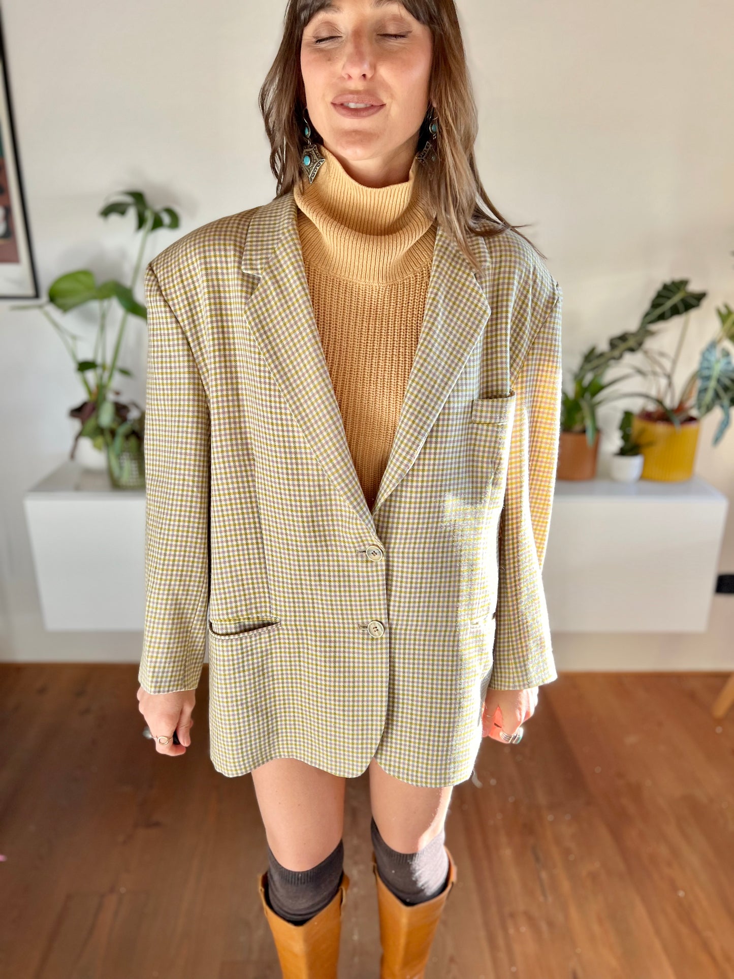 1970's vintage mint and pink oversize plaid wool blazer
