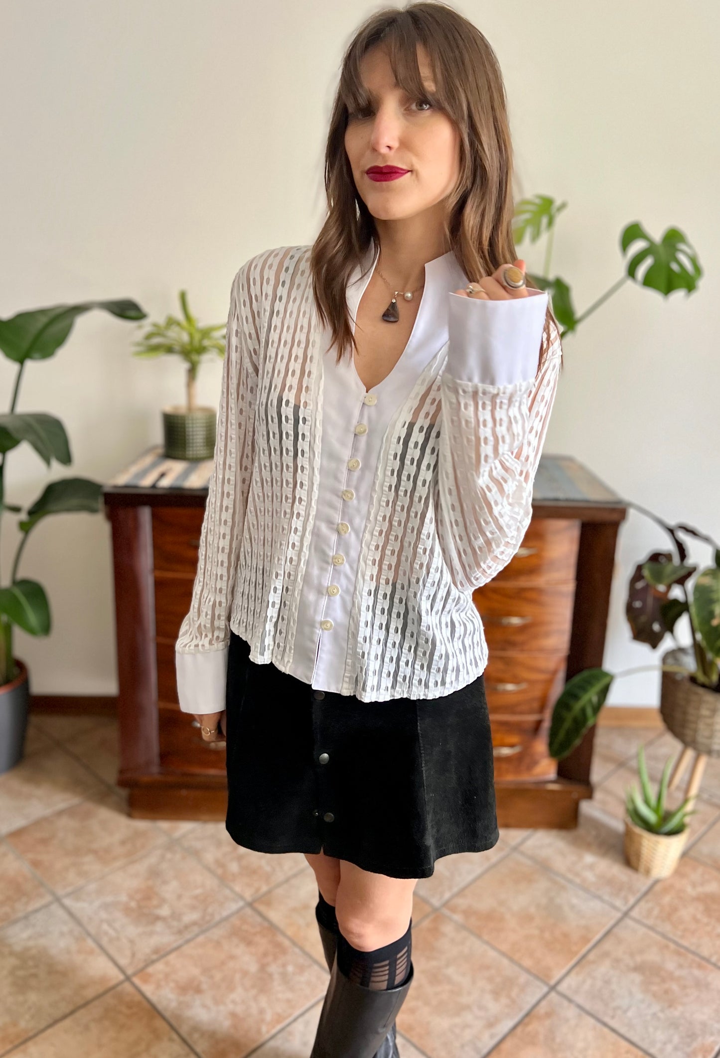 1970's vintage white and cream sheer textured blouse