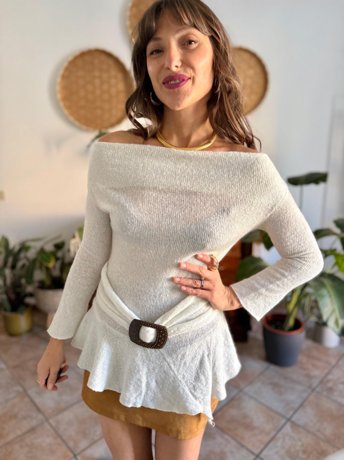 Y2K vintage asymmetrical cream mohair blend knit pullover with belt detail