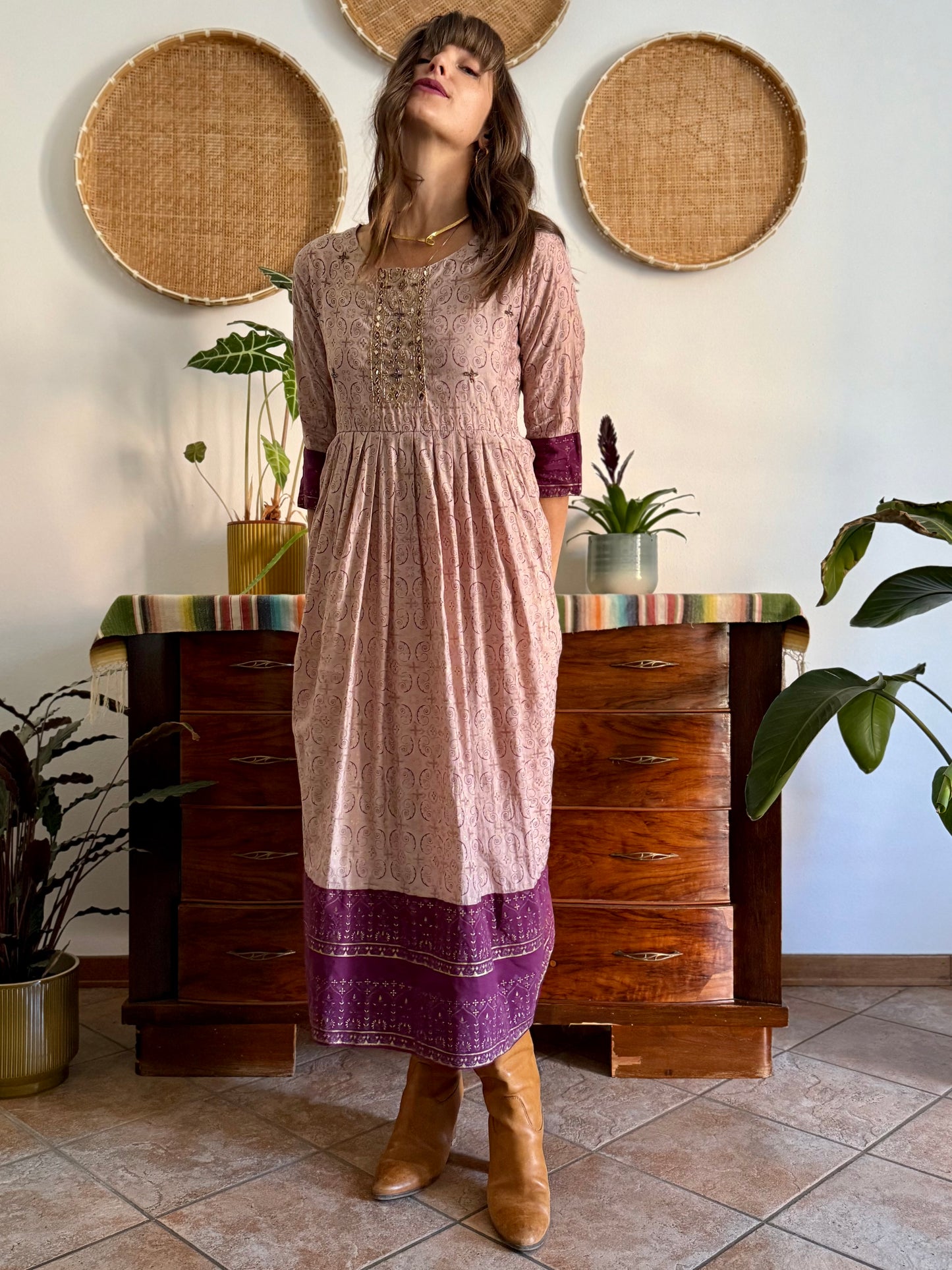 1970's vintage lilac midi dress with gold and purple geometric pattern and glass bead detailing