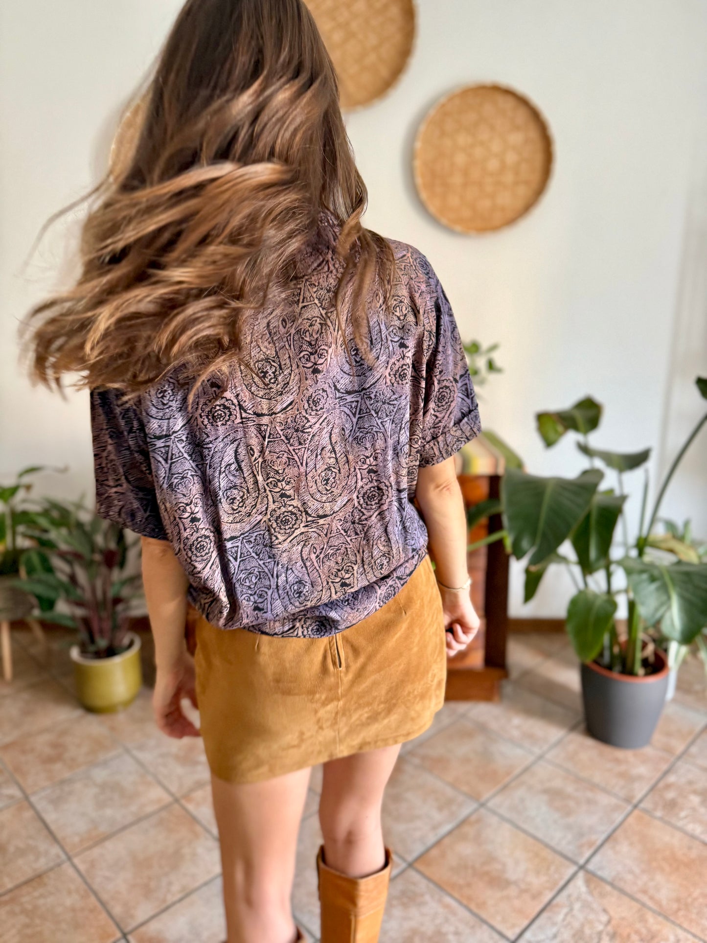 1970's vintage purple, tan and black abstract paisley print