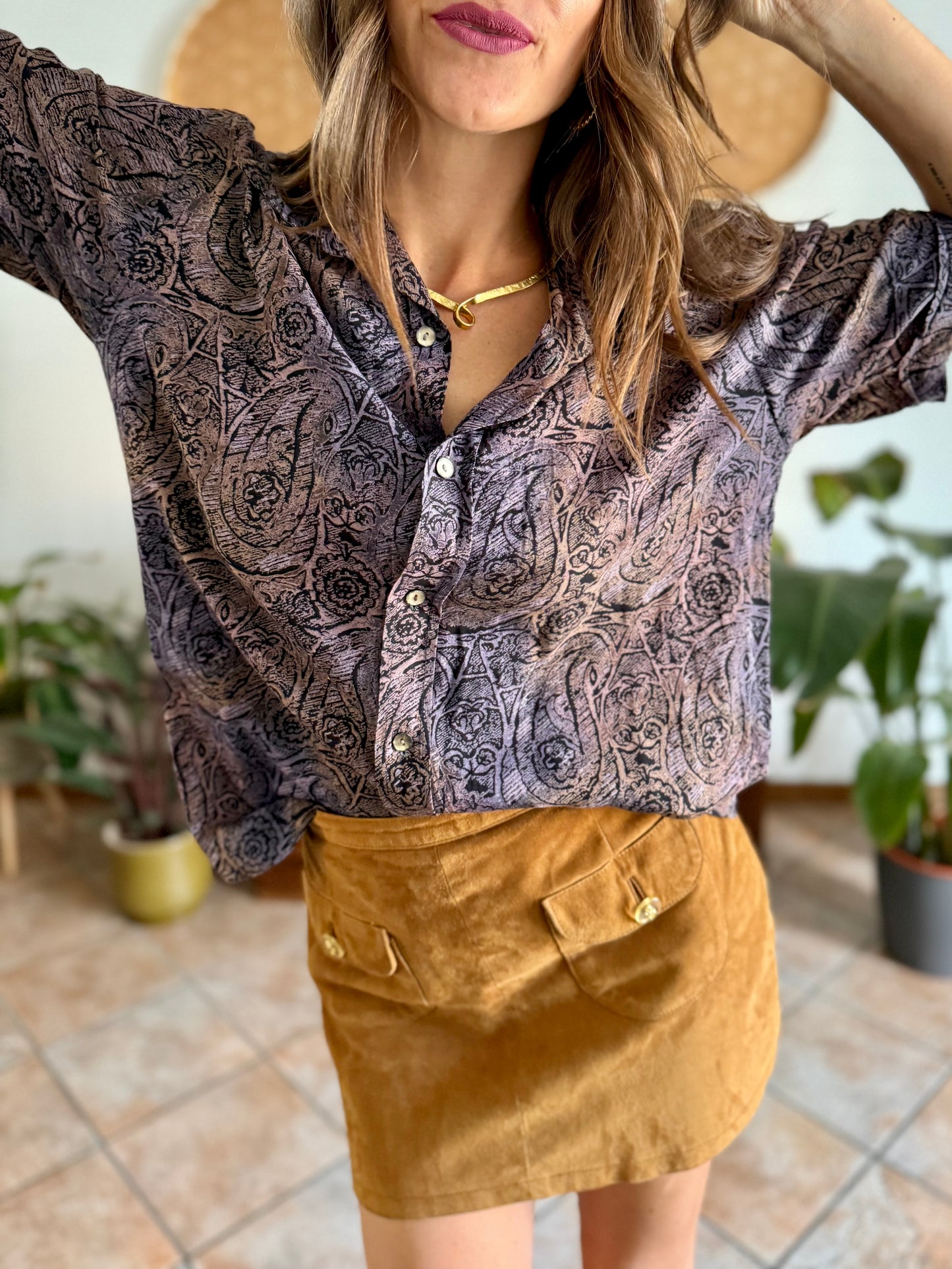 1970's vintage purple, tan and black abstract paisley print