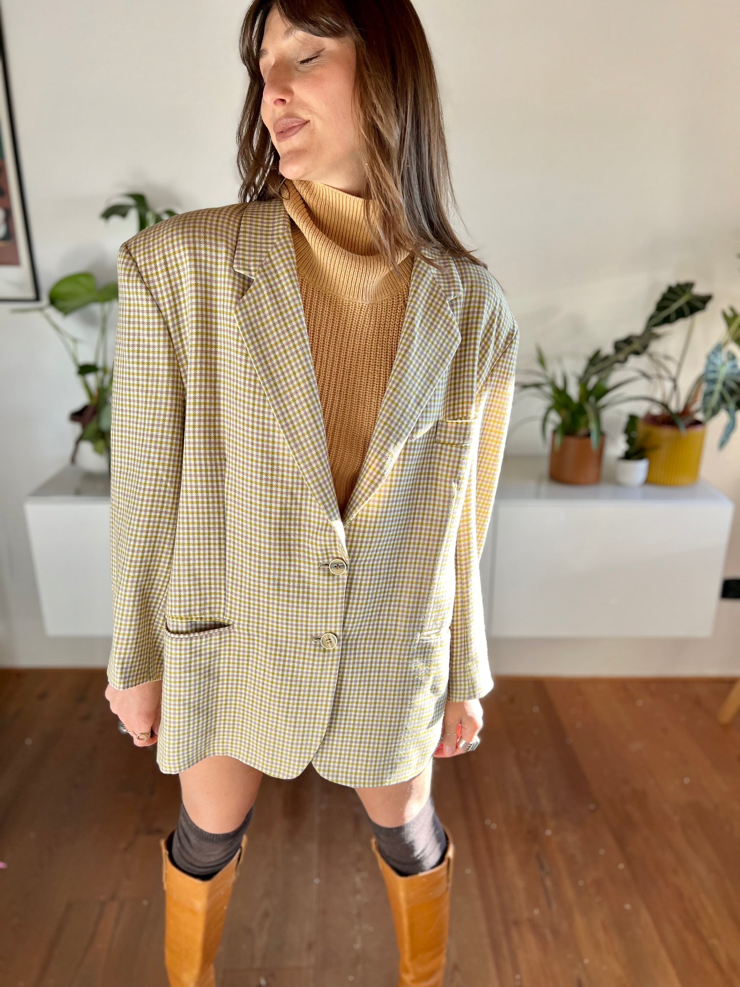 1970's vintage mint and pink oversize plaid wool blazer