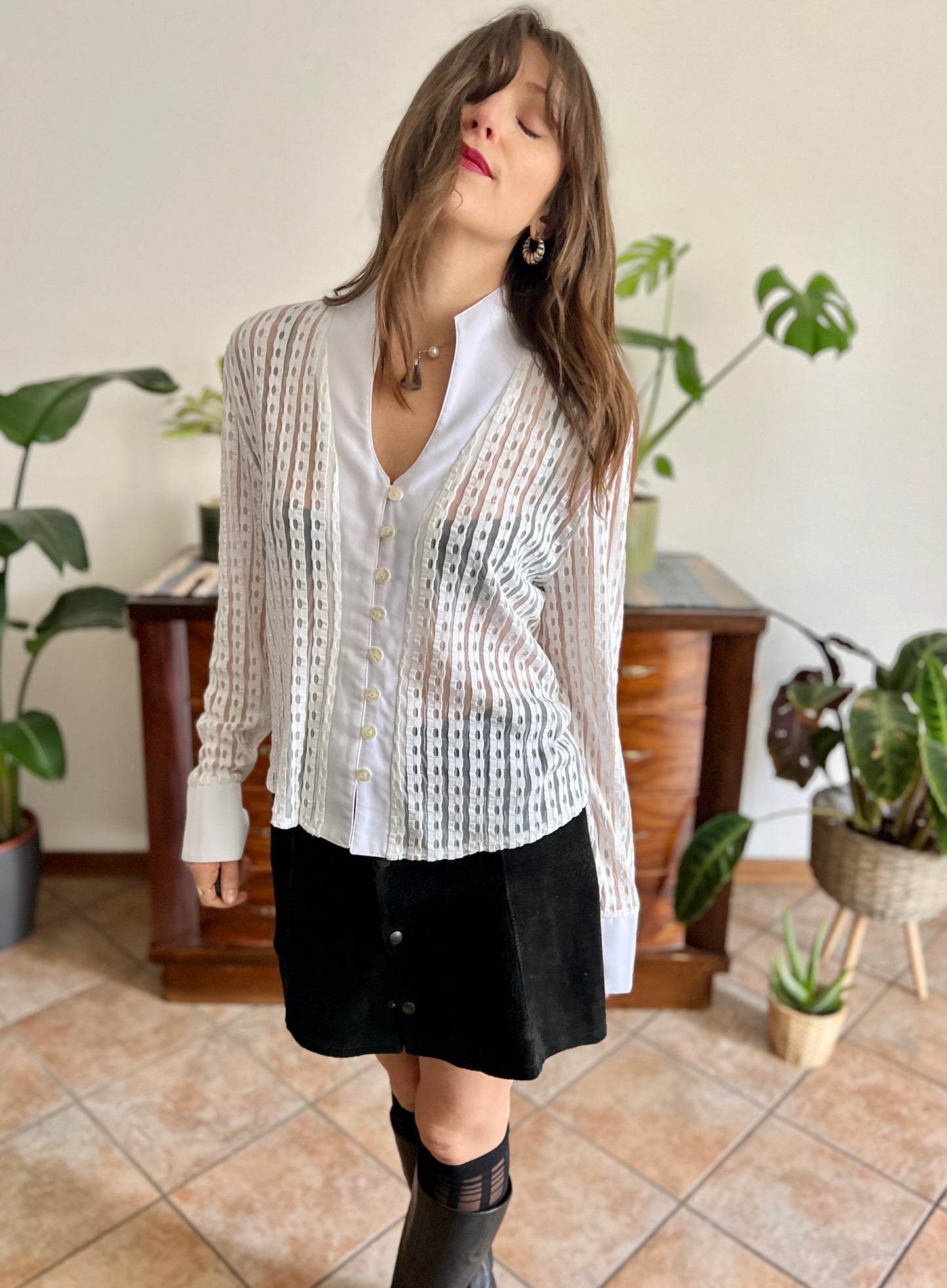 1970's vintage white and cream sheer textured blouse