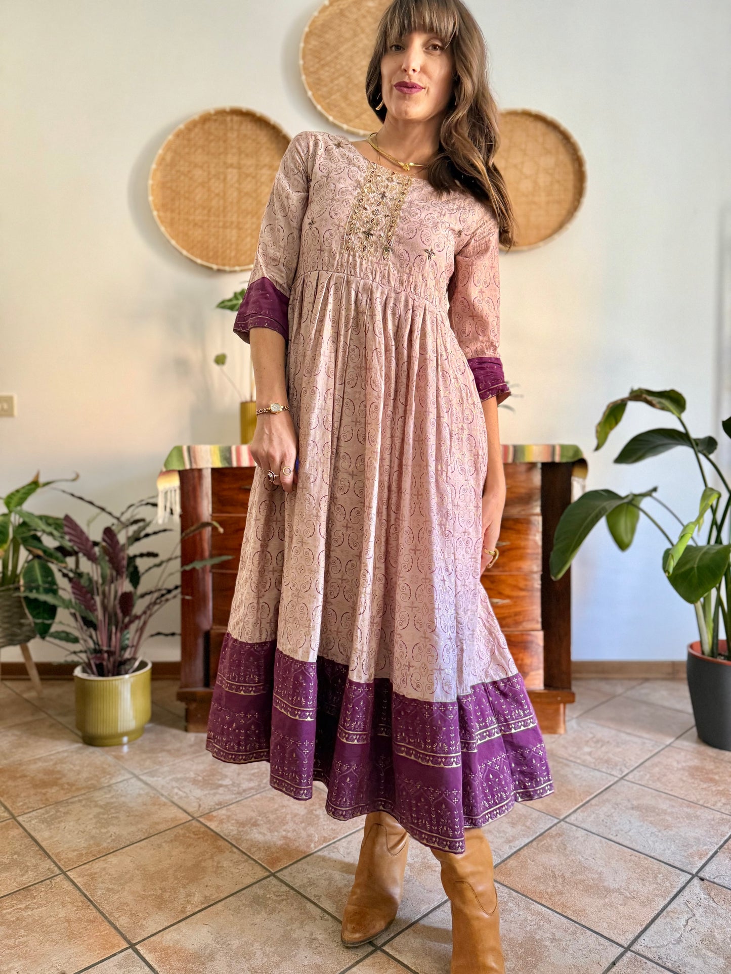 1970's vintage lilac midi dress with gold and purple geometric pattern and glass bead detailing