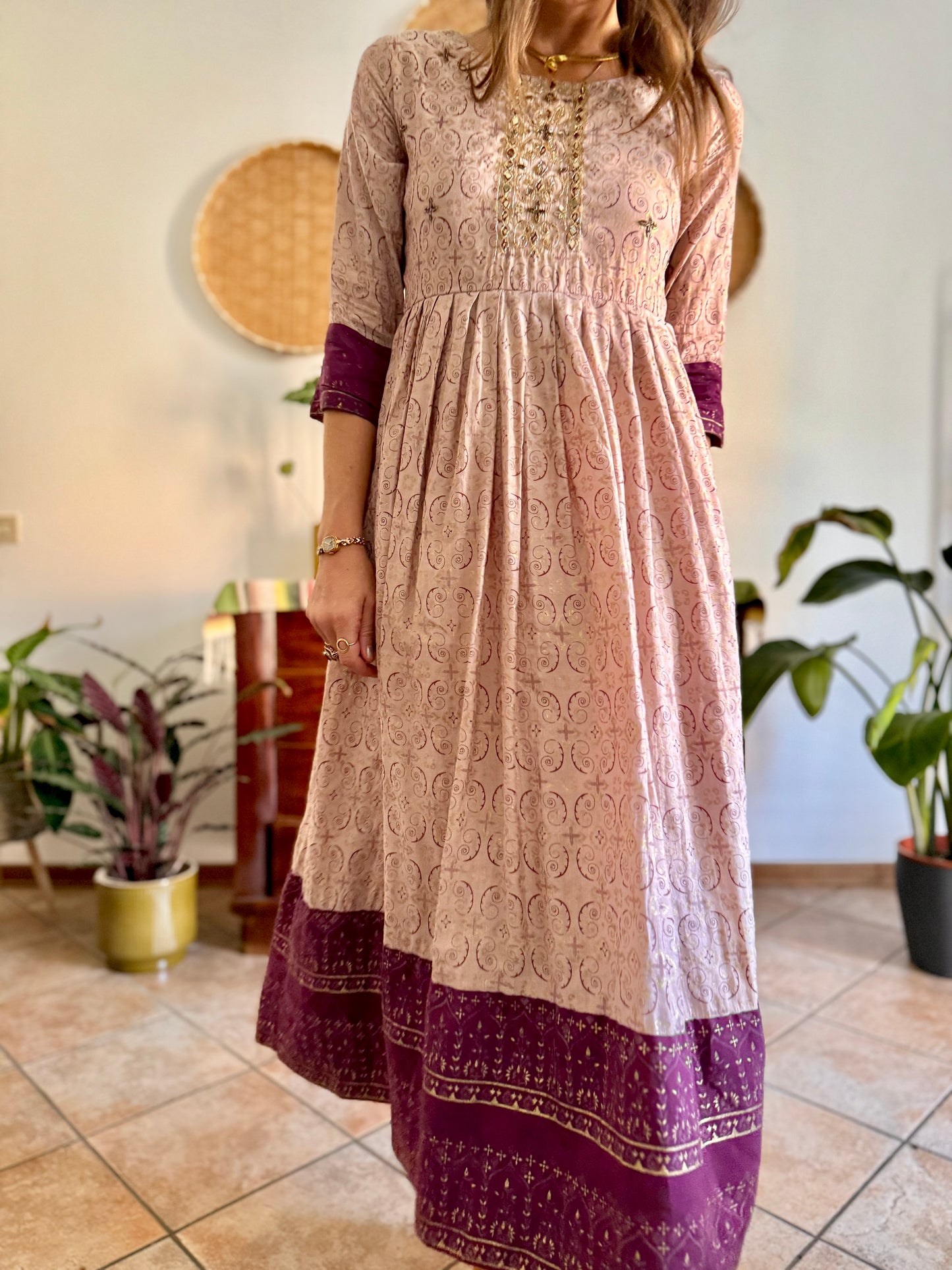 1970's vintage lilac midi dress with gold and purple geometric pattern and glass bead detailing