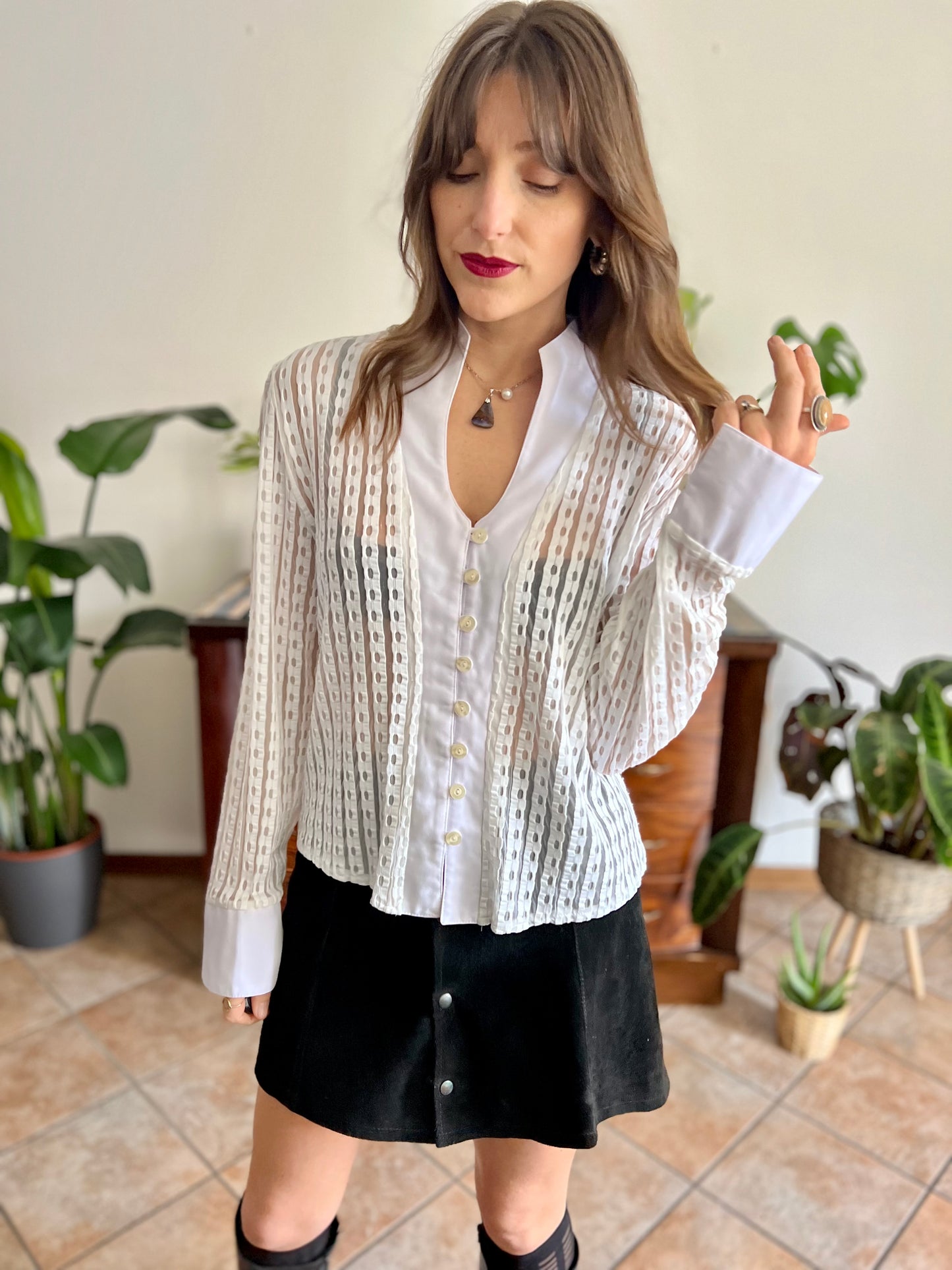 1970's vintage white and cream sheer textured blouse